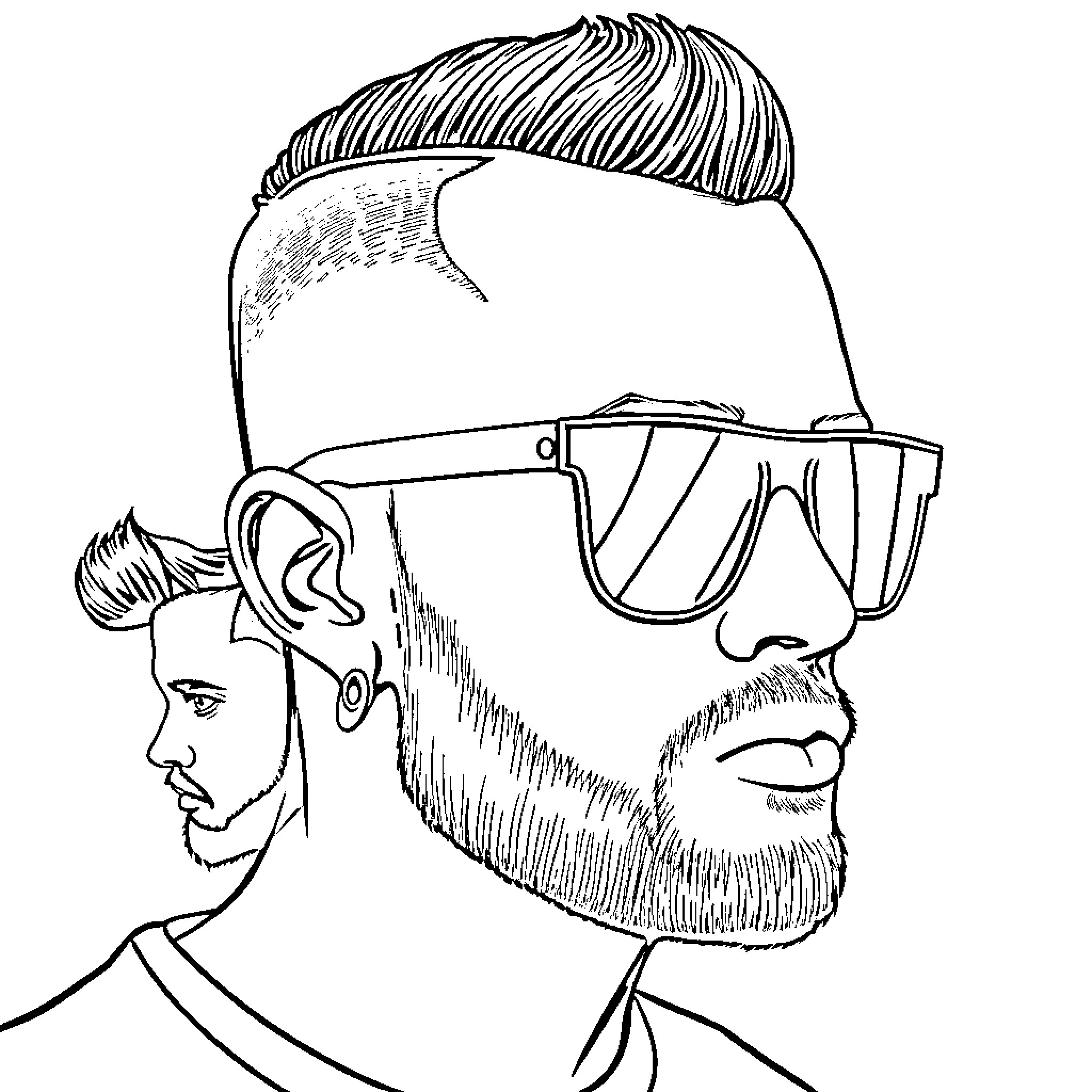 Hair styled man wearing stylish sunglasses Coloring Page (free black-and-white line drawing printable PDF for all, from beginners to advanced learners, including children, teens, adults, and seniors)