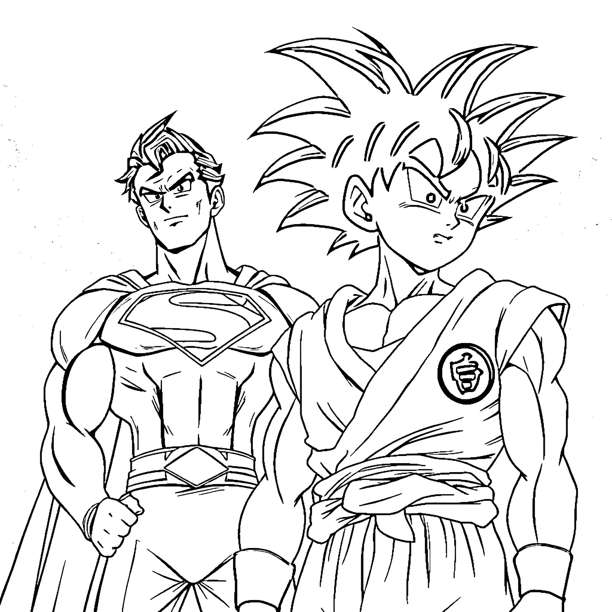 Superman and Goku in epic battle pose Coloring Page (free black-and-white line drawing printable PDF for all, from beginners to advanced learners, including children, teens, adults, and seniors)