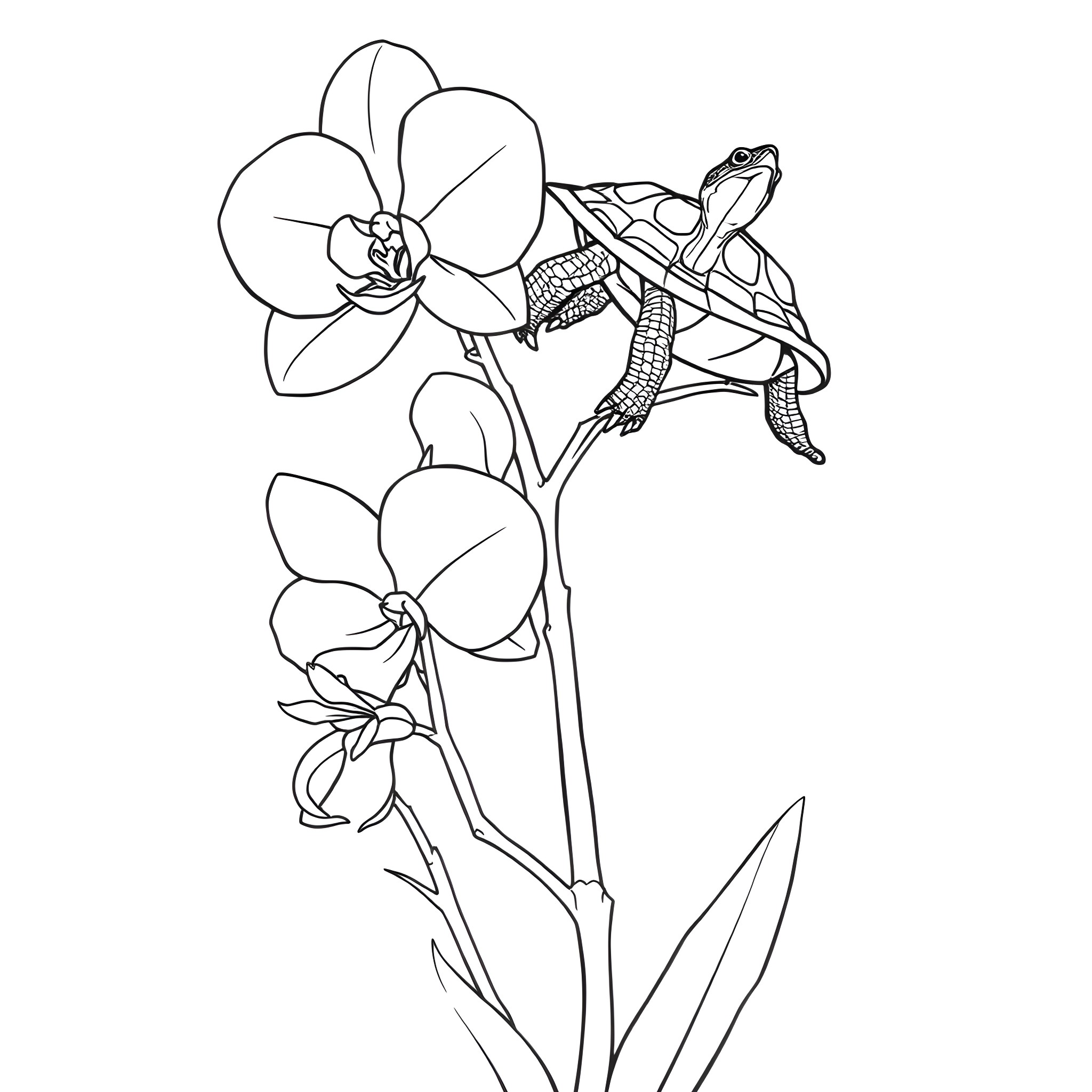 Turtle resting on flowers Coloring Page (free black-and-white line drawing printable PDF for all, from beginners to advanced learners, including children, teens, adults, and seniors)