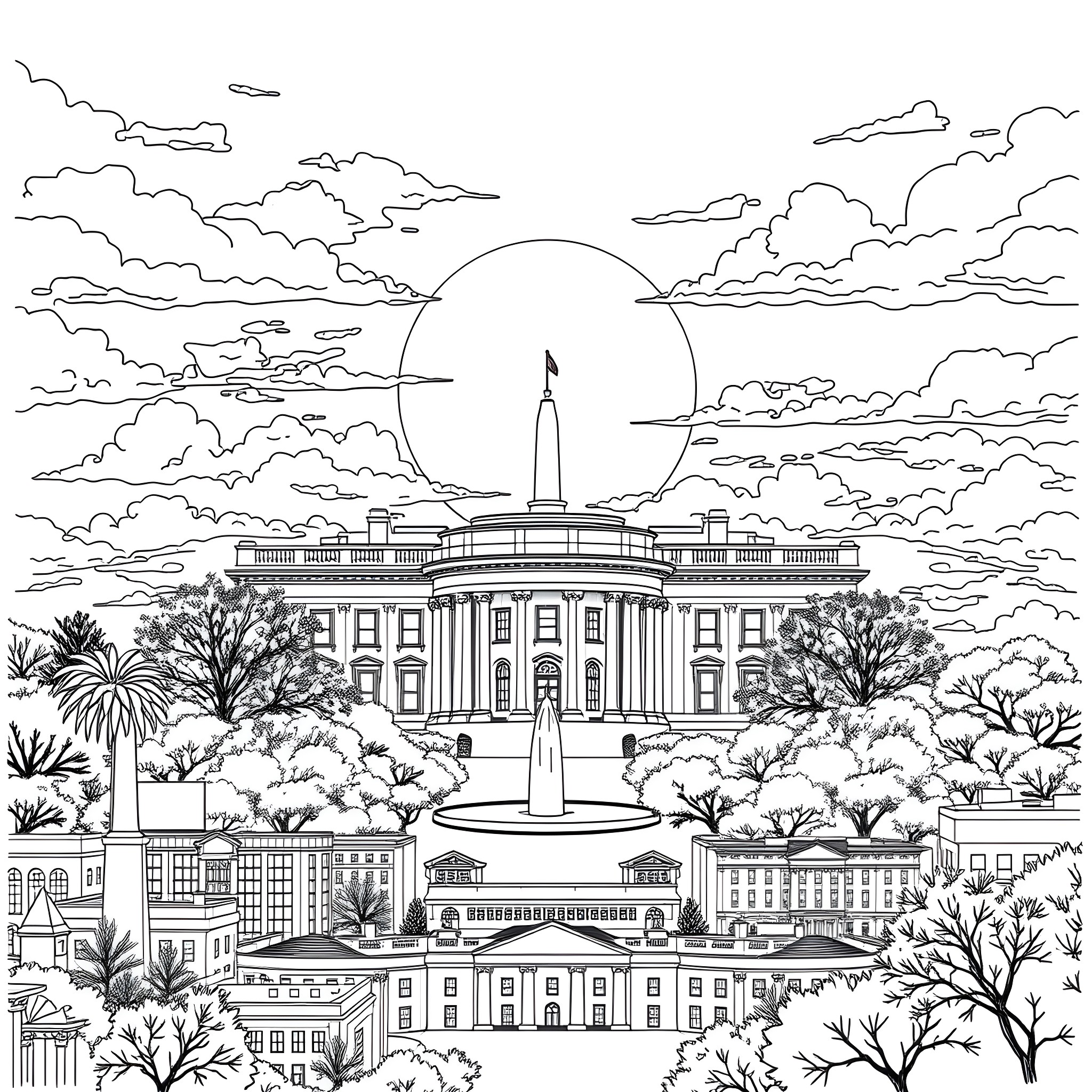 TARDIS on the grounds of the White House Coloring Page (free black-and-white line drawing printable PDF for all, from beginners to advanced learners, including children, teens, adults, and seniors)