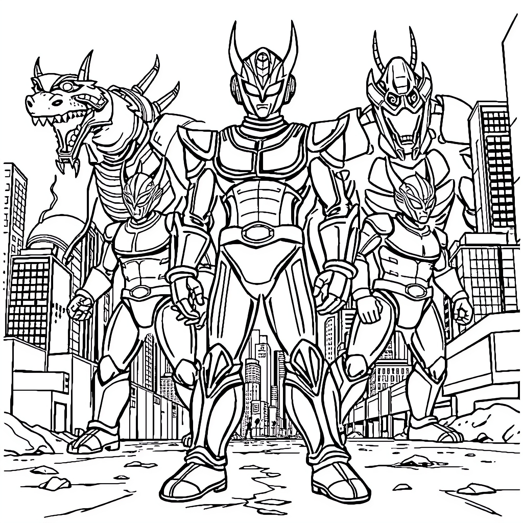 Ultraman heroes battling fierce monsters in the city Coloring Page (free black-and-white line drawing printable PDF for all, from beginners to advanced learners, including children, teens, adults, and seniors)