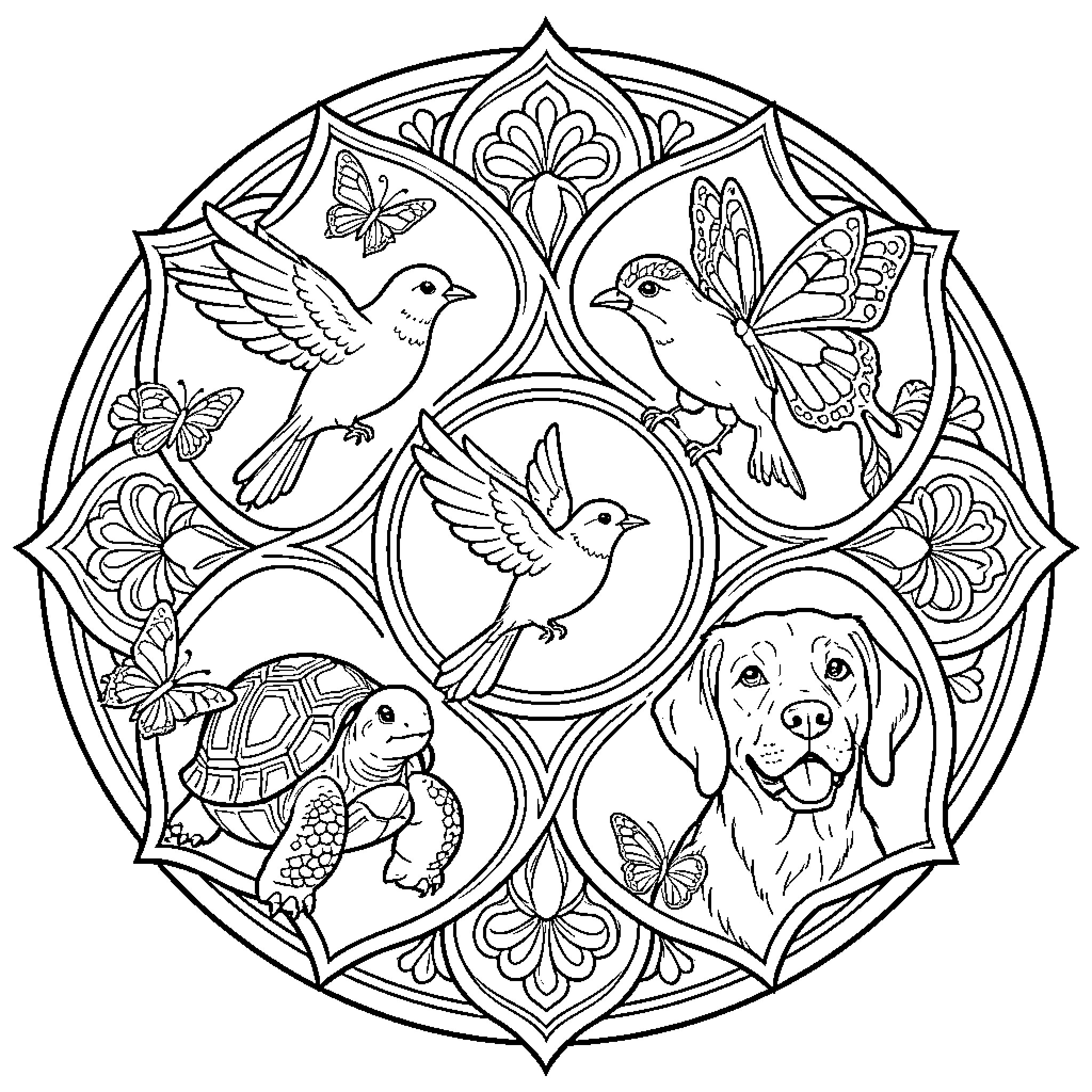 Mandala of nature's creatures Coloring Page (free black-and-white line drawing printable PDF for all, from beginners to advanced learners, including children, teens, adults, and seniors)