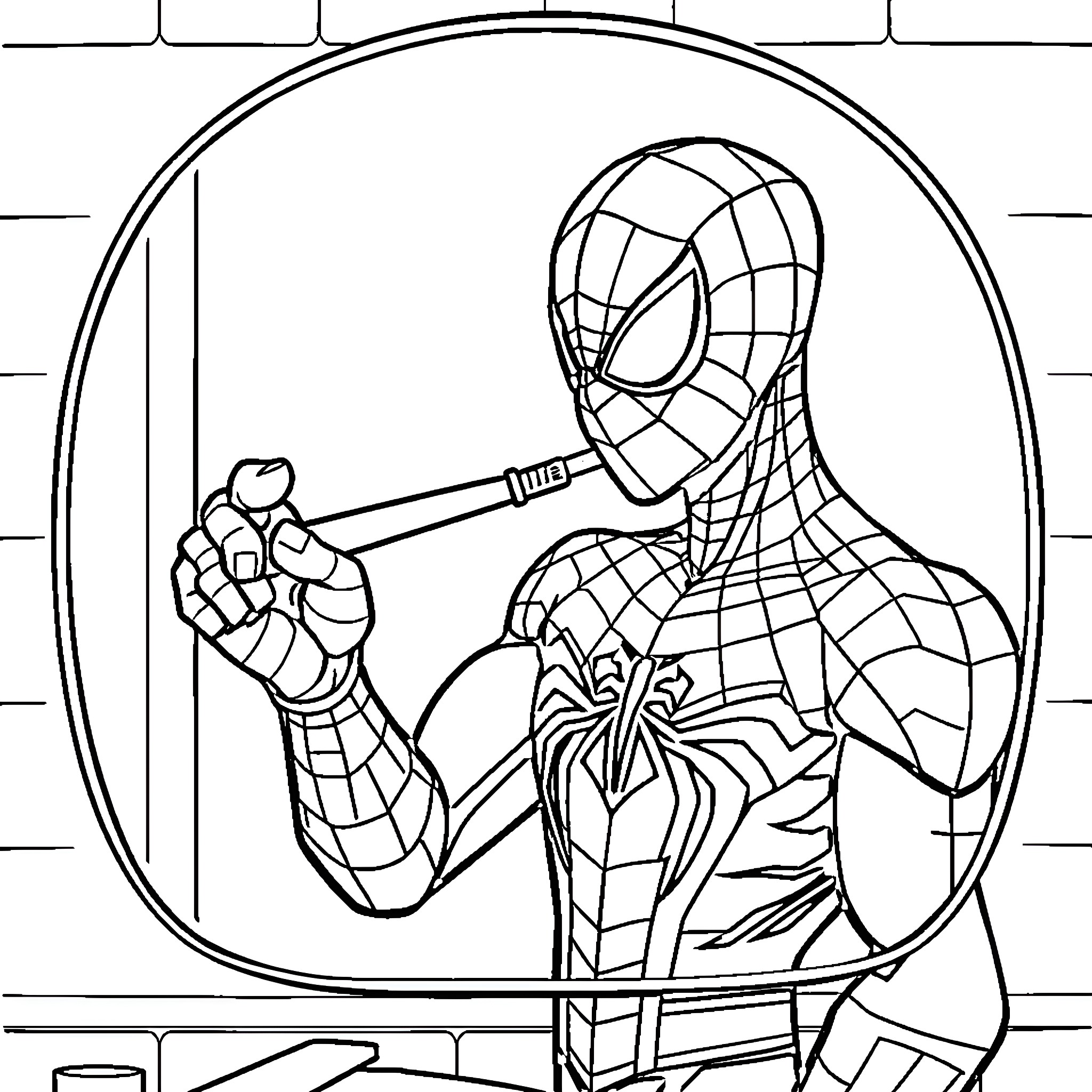 Spiderman preparing to swing into action Coloring Page (free black-and-white line drawing printable PDF for all, from beginners to advanced learners, including children, teens, adults, and seniors)