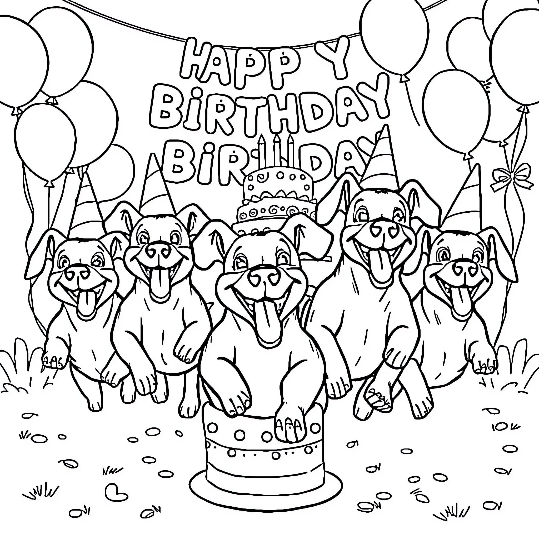 Sausage Dogs Celebrating Happy Birthday Coloring Page (free black-and-white line drawing printable PDF for all, from beginners to advanced learners, including children, teens, adults, and seniors)