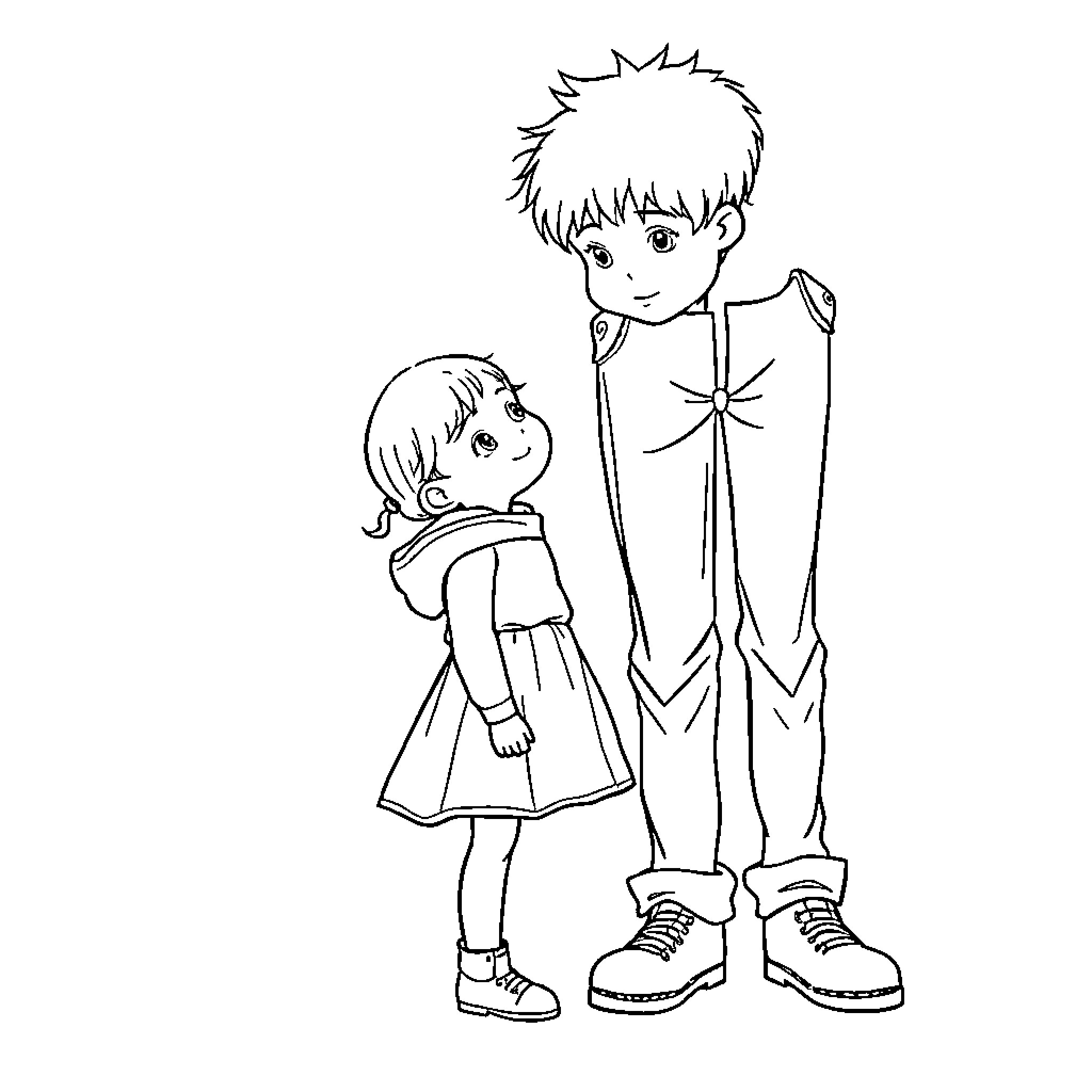 Fille's tender moment with younger sibling Coloring Page (free black-and-white line drawing printable PDF for all, from beginners to advanced learners, including children, teens, adults, and seniors)