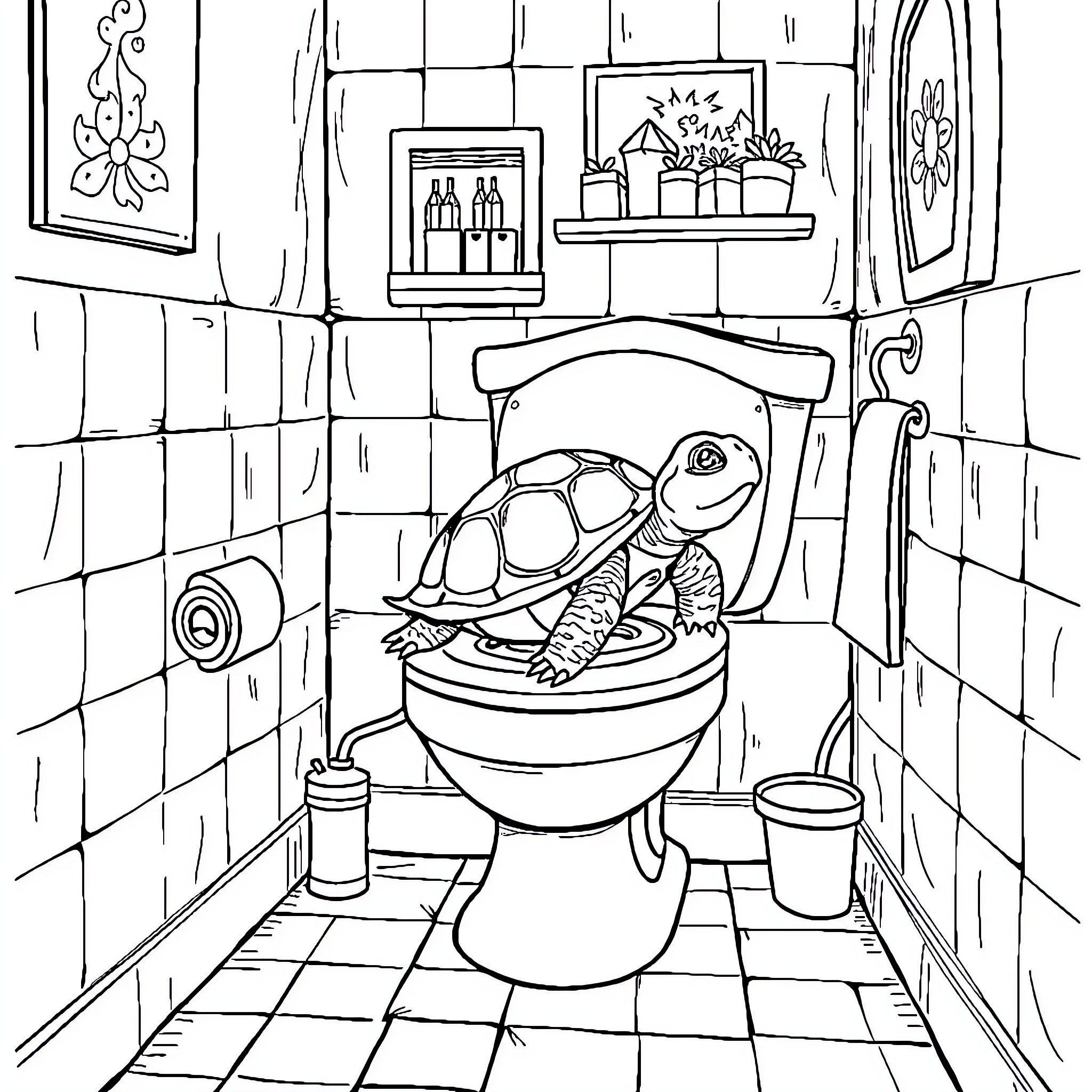 Turtle relaxing in the bathroom Coloring Page (free black-and-white line drawing printable PDF for all, from beginners to advanced learners, including children, teens, adults, and seniors)