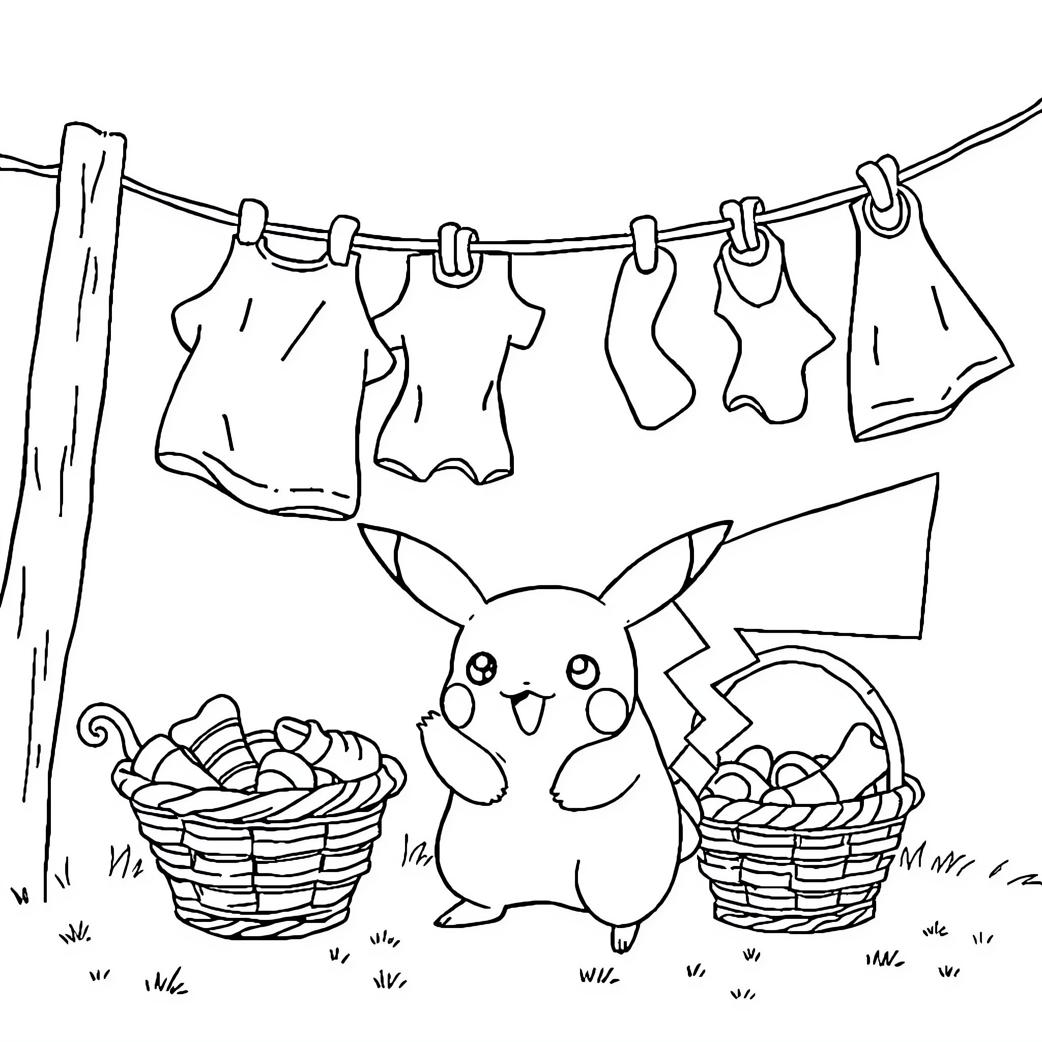 Pikachu hanging clothes and collecting apples Coloring Page (free black-and-white line drawing printable PDF for all, from beginners to advanced learners, including children, teens, adults, and seniors)