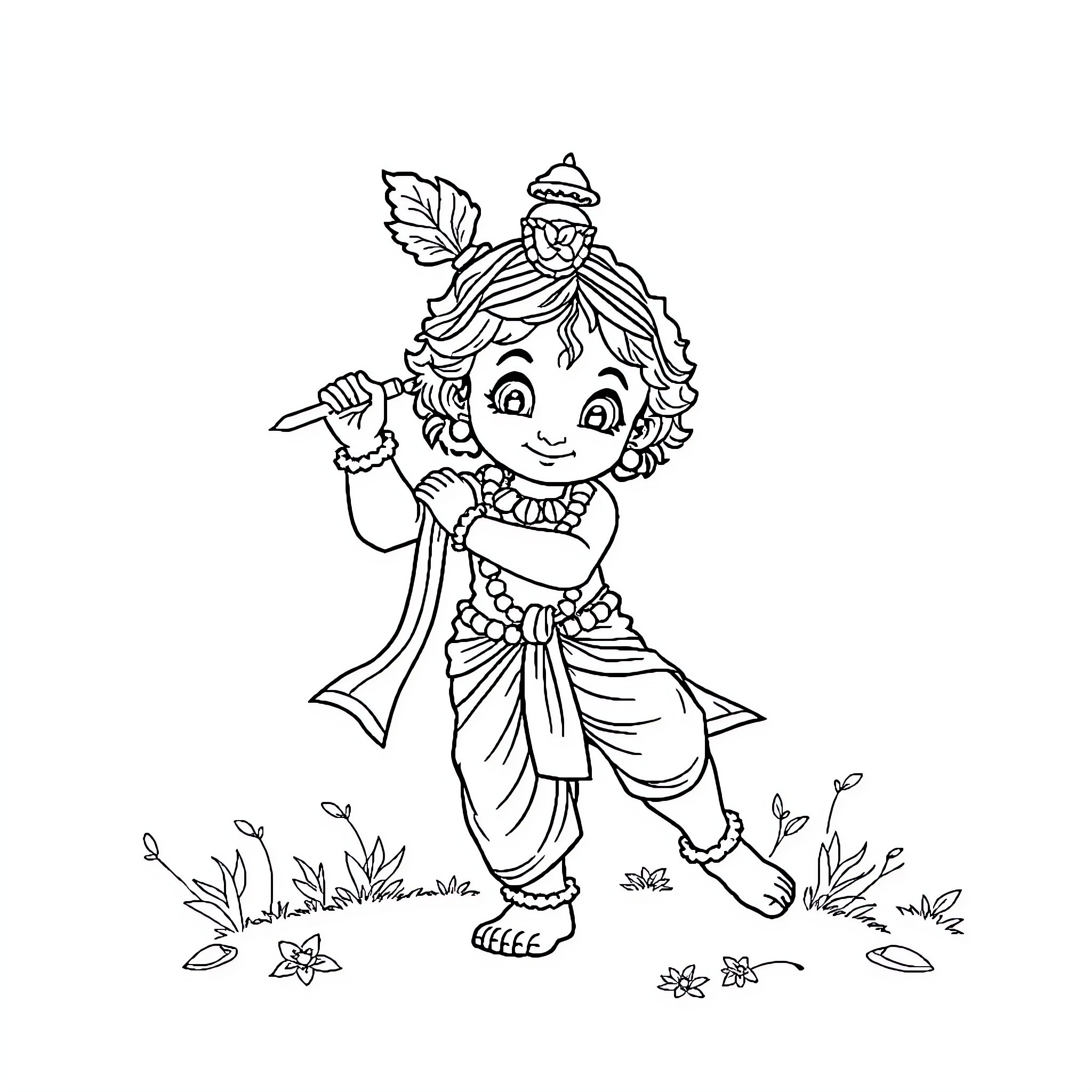 Bala Krishna dancing joyfully in nature Coloring Page (free black-and-white line drawing printable PDF for all, from beginners to advanced learners, including children, teens, adults, and seniors)