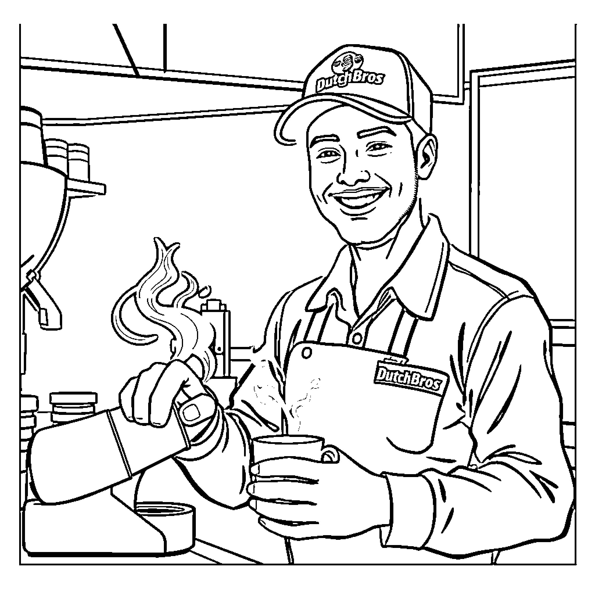 Barista Serving Coffee with a Smile Coloring Page (free black-and-white line drawing printable PDF for all, from beginners to advanced learners, including children, teens, adults, and seniors)