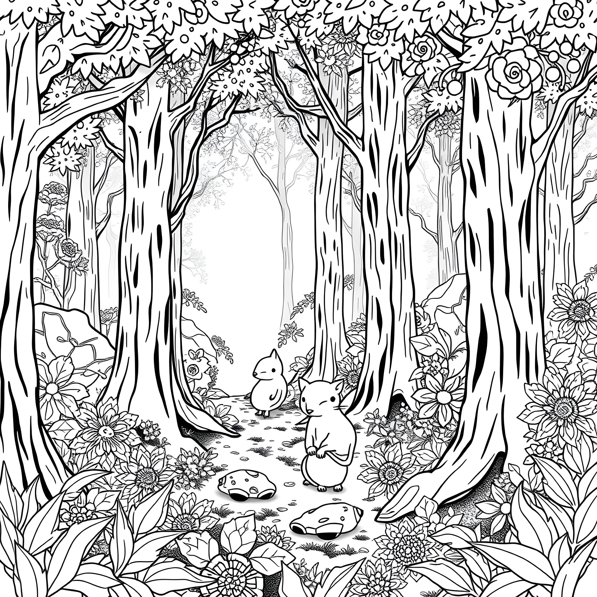 Mushroom Forest with Woodland Creatures Coloring Page (free black-and-white line drawing printable PDF for all, from beginners to advanced learners, including children, teens, adults, and seniors)