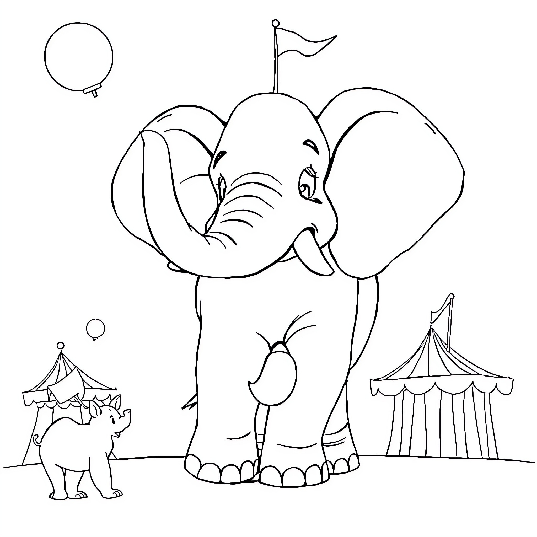 Film of Elephant at Circus with Carnival Scenes Coloring Page (free black-and-white line drawing printable PDF for all, from beginners to advanced learners, including children, teens, adults, and seniors)