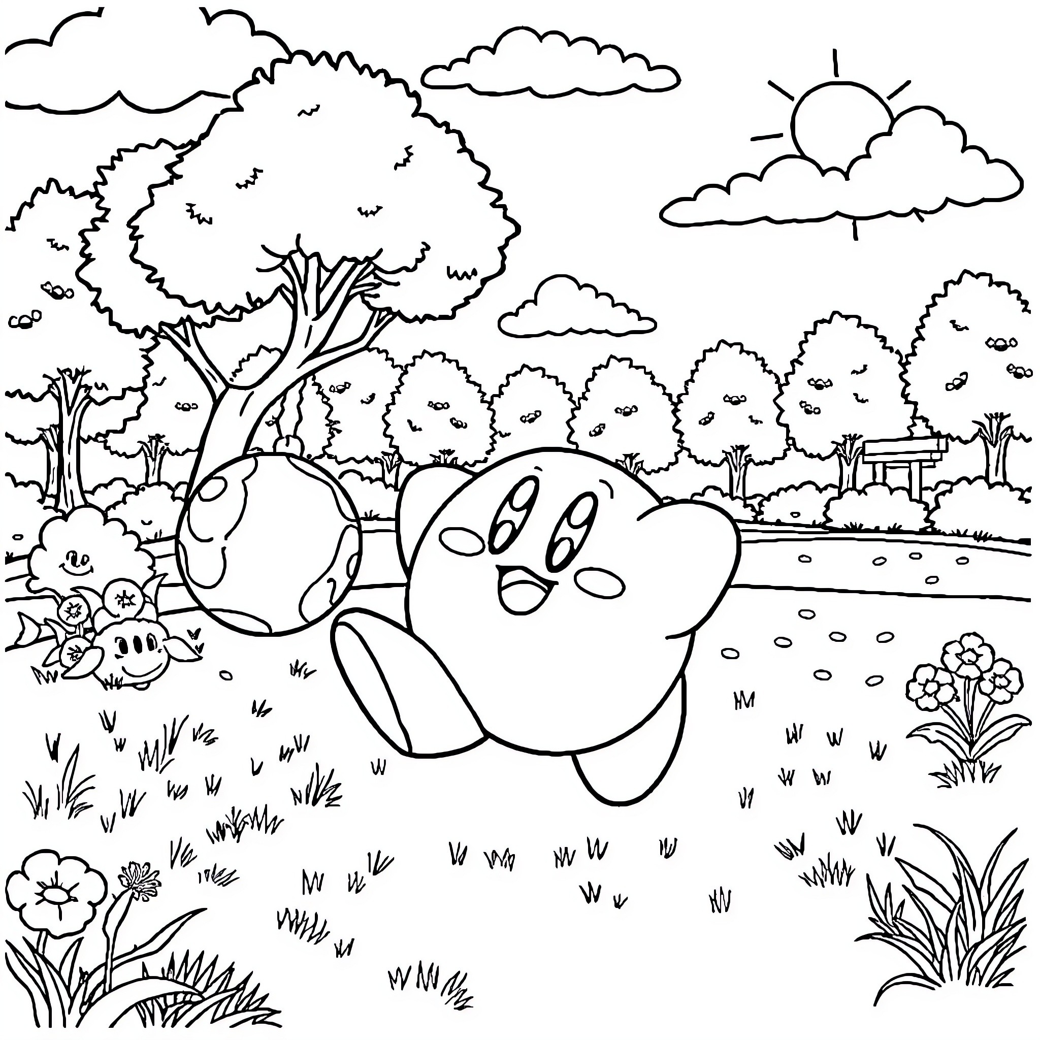 Kirby enjoying a peaceful day in a lush outdoor scene Coloring Page (free black-and-white line drawing printable PDF for all, from beginners to advanced learners, including children, teens, adults, and seniors)