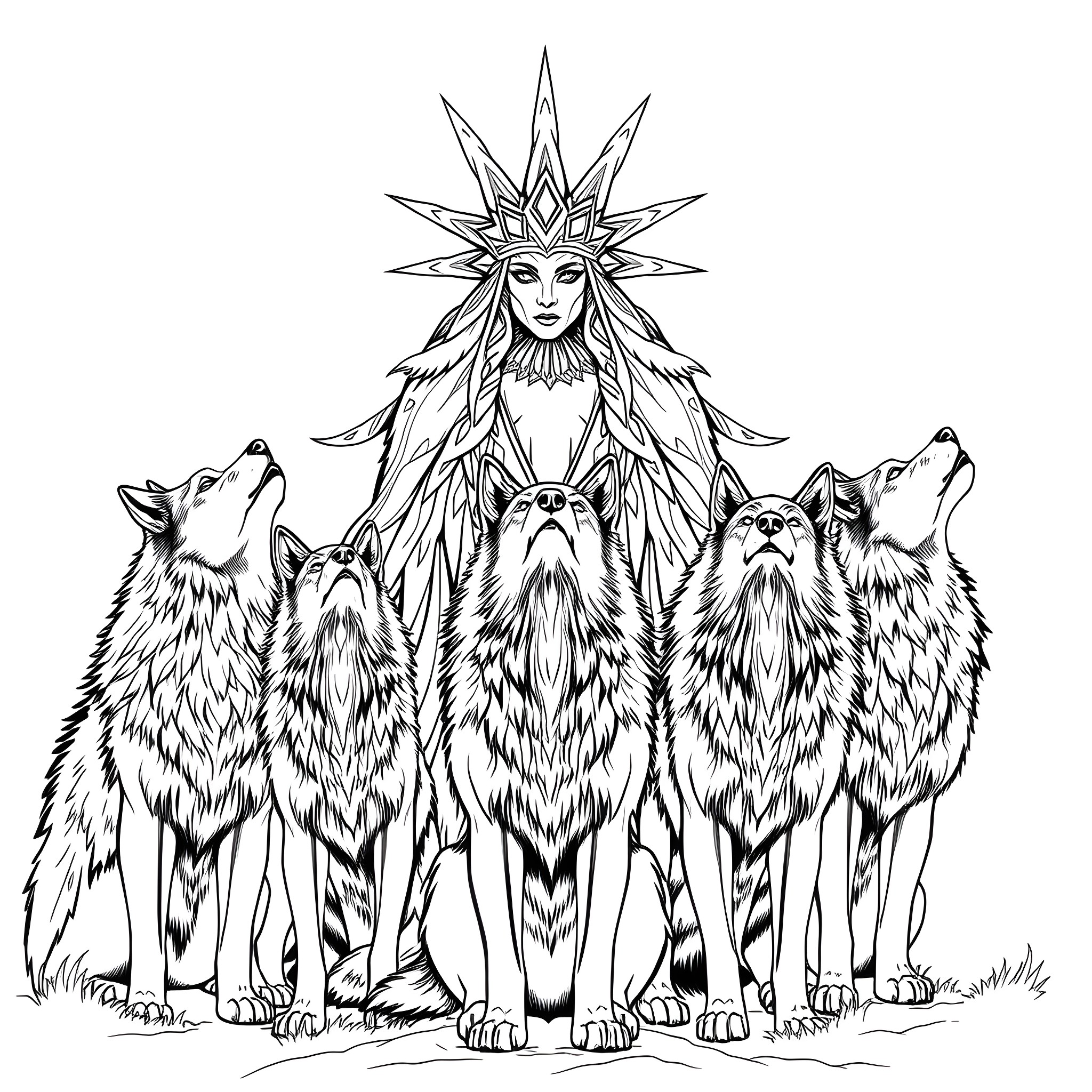 Spirit of the Northern Wolves Coloring Page (free black-and-white line drawing printable PDF for all, from beginners to advanced learners, including children, teens, adults, and seniors)