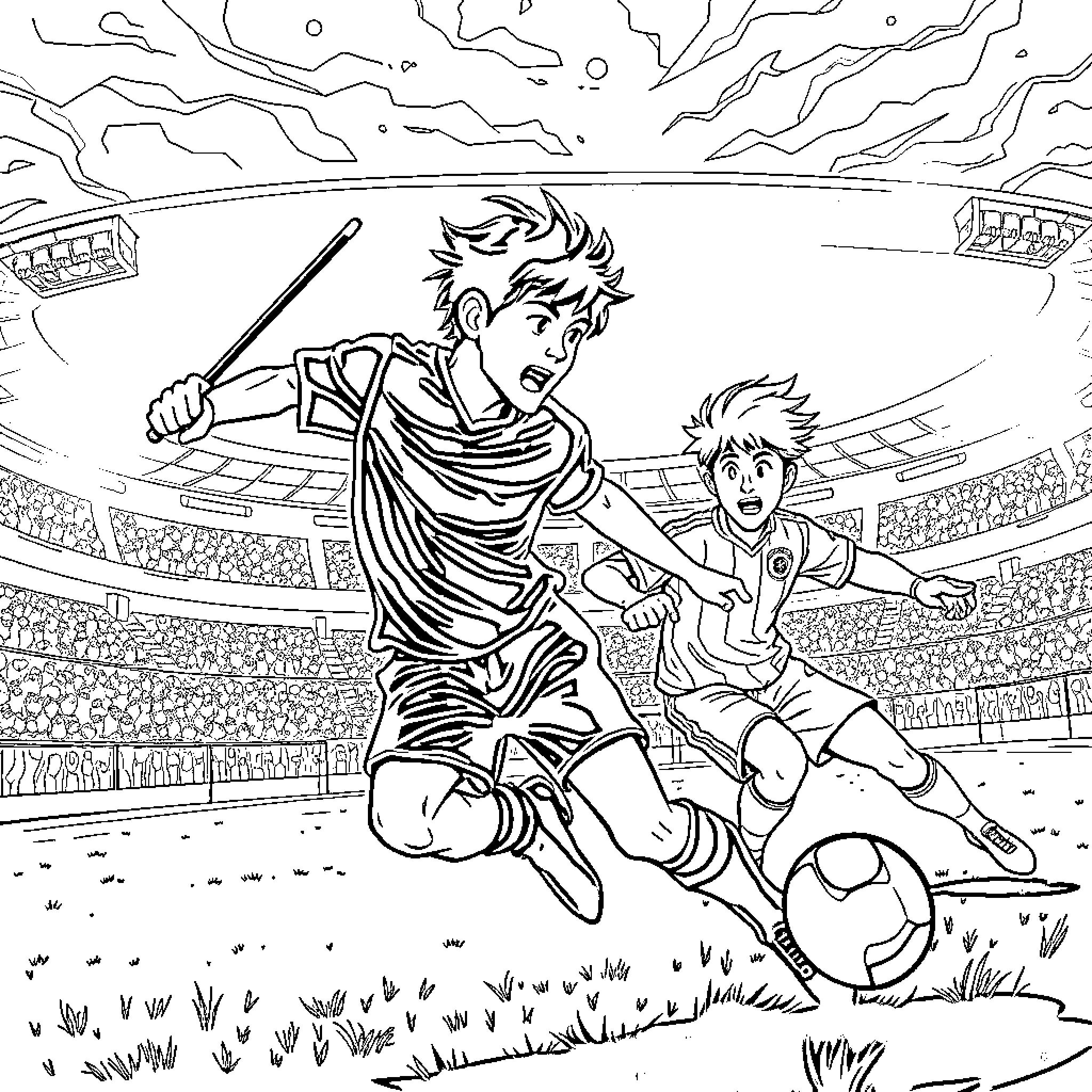 Saja Boys Battling Fiercely on the Field Coloring Page (free black-and-white line drawing printable PDF for all, from beginners to advanced learners, including children, teens, adults, and seniors)