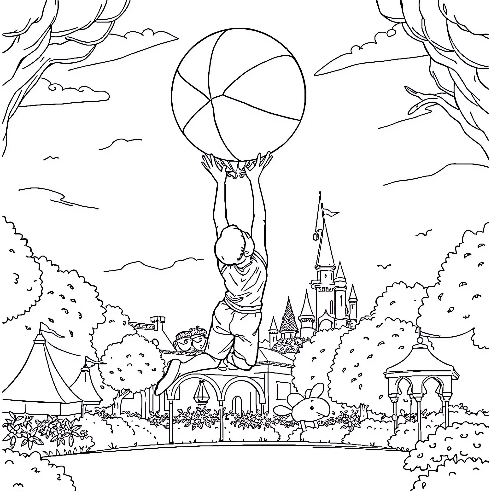 Gymnast performing acrobatic routine in whimsical landscape Coloring Page (free black-and-white line drawing printable PDF for all, from beginners to advanced learners, including children, teens, adults, and seniors)