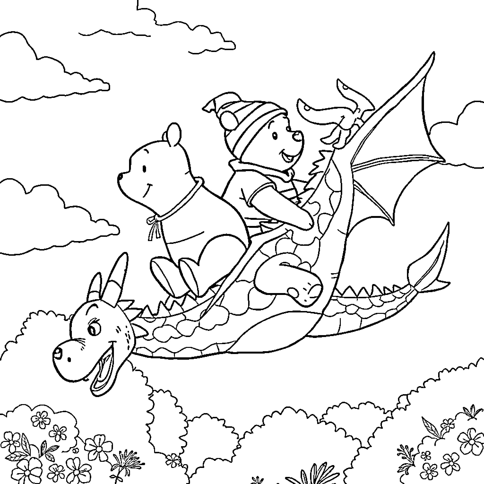 Winnie The Pooh enjoying a ride on a dragon Coloring Page (free black-and-white line drawing printable PDF for all, from beginners to advanced learners, including children, teens, adults, and seniors)