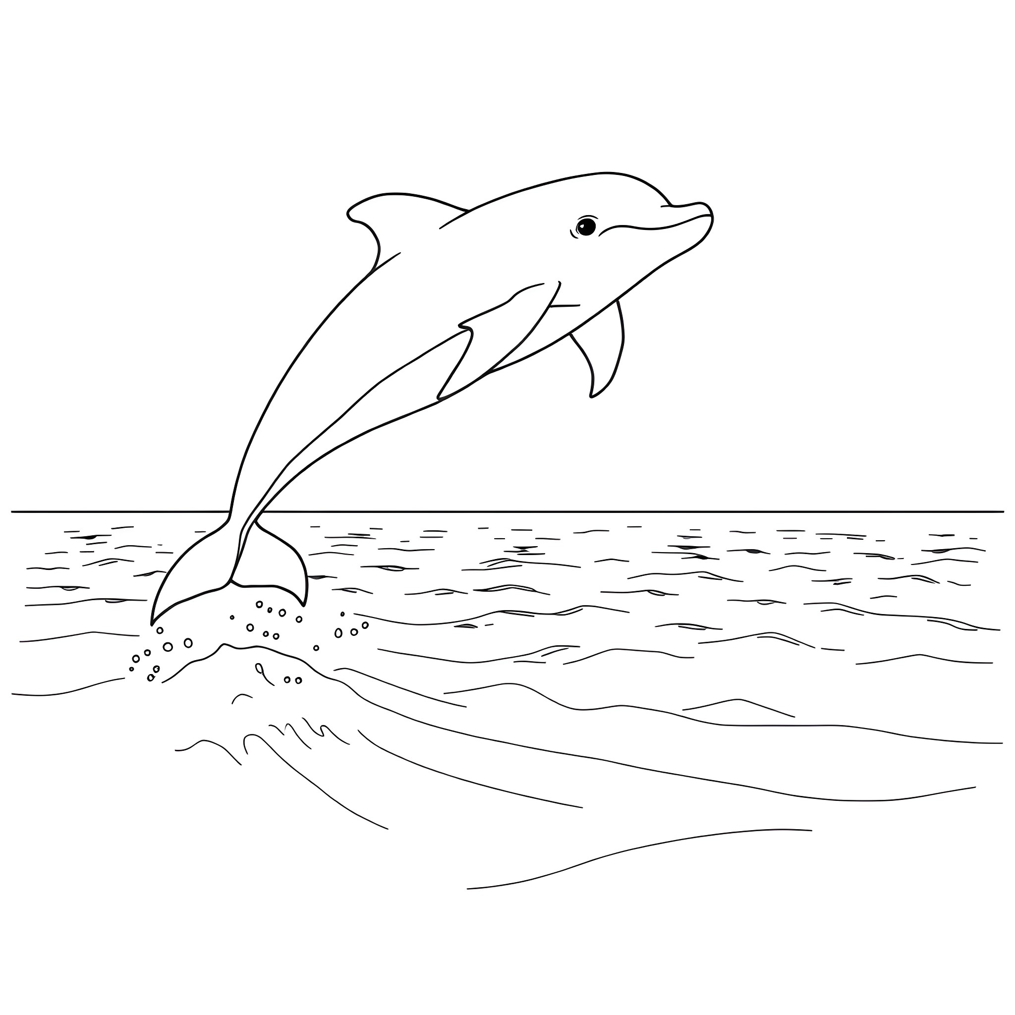 Dolphin leaping above the waves Coloring Page (free black-and-white line drawing printable PDF for all, from beginners to advanced learners, including children, teens, adults, and seniors)