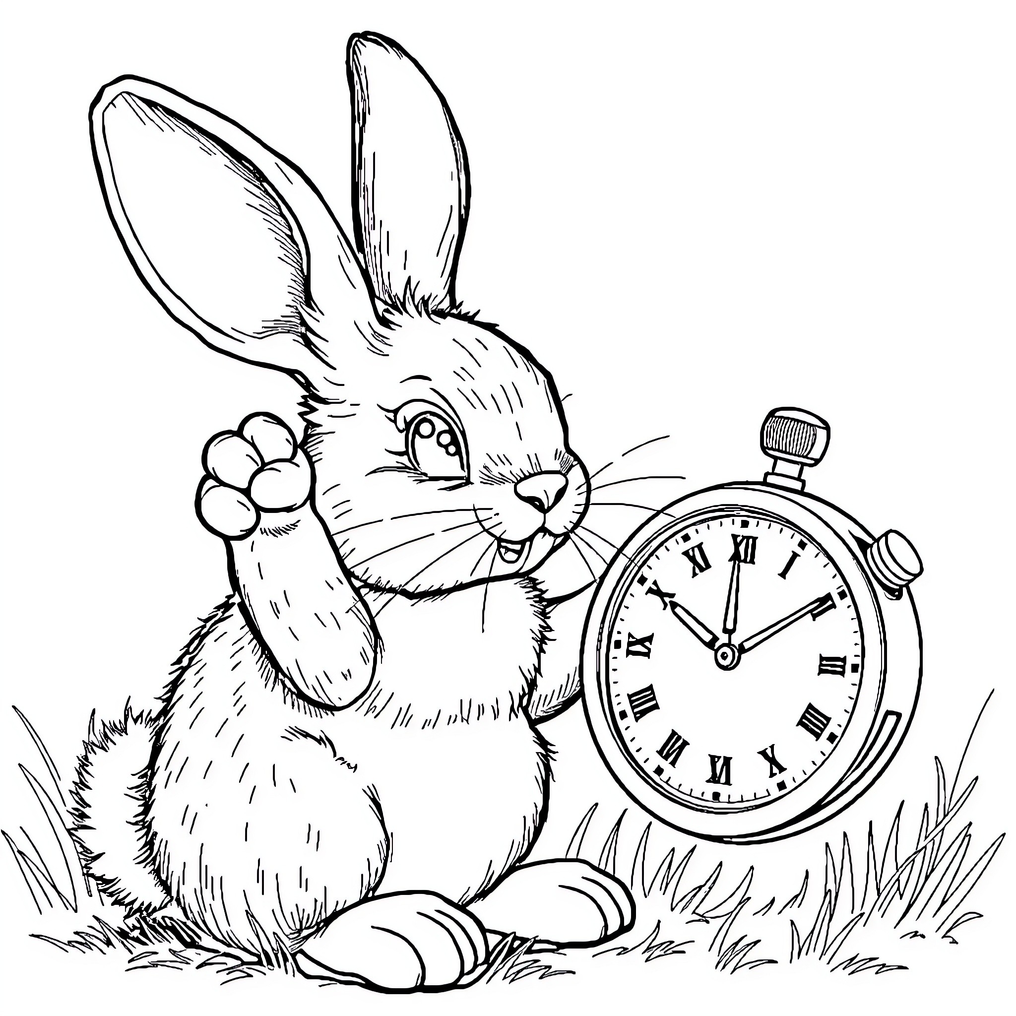 Rabbit hurrying with a pocket watch Coloring Page (free black-and-white line drawing printable PDF for all, from beginners to advanced learners, including children, teens, adults, and seniors)
