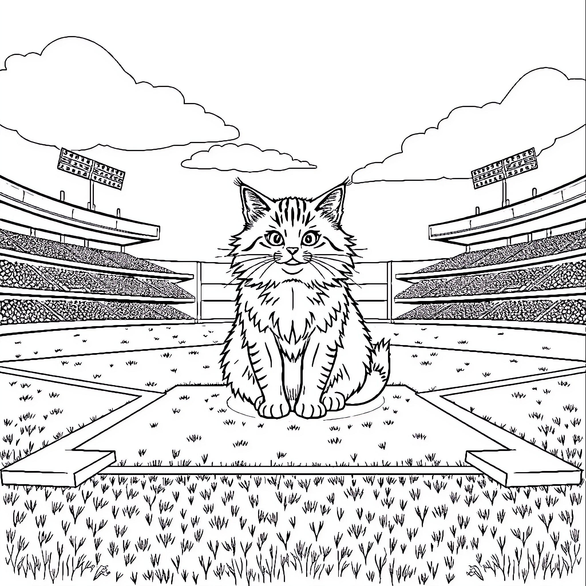 Cat in a sports stadium Coloring Page (free black-and-white line drawing printable PDF for all, from beginners to advanced learners, including children, teens, adults, and seniors)