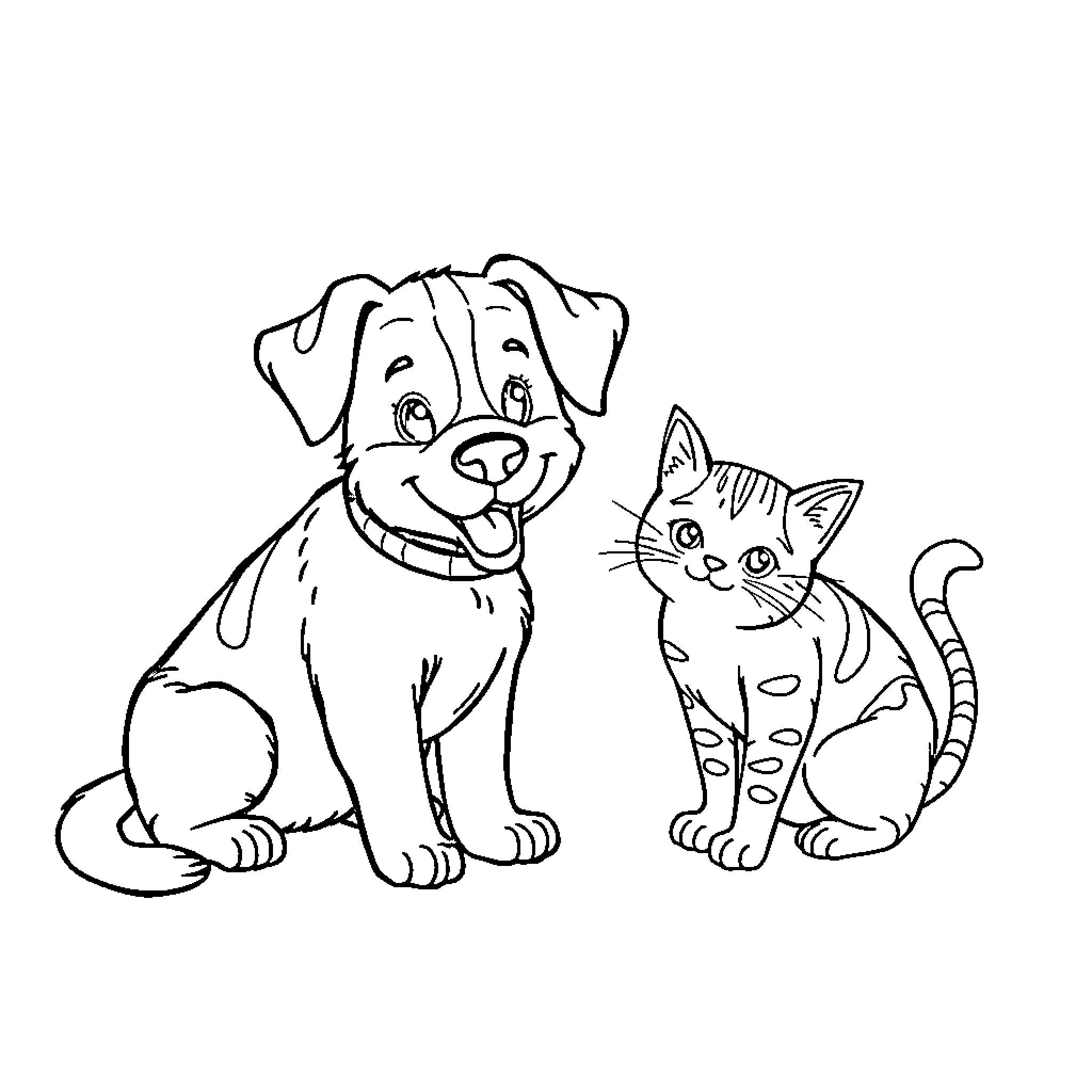 Dog and Cat playing happily together Coloring Page (free black-and-white line drawing printable PDF for all, from beginners to advanced learners, including children, teens, adults, and seniors)