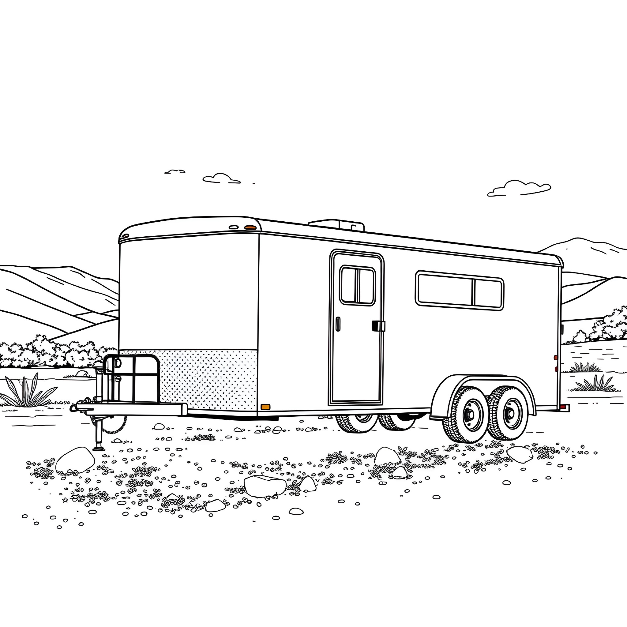 Gooseneck Trailer with Mountain Landscape Coloring Page (free black-and-white line drawing printable PDF for all, from beginners to advanced learners, including children, teens, adults, and seniors)