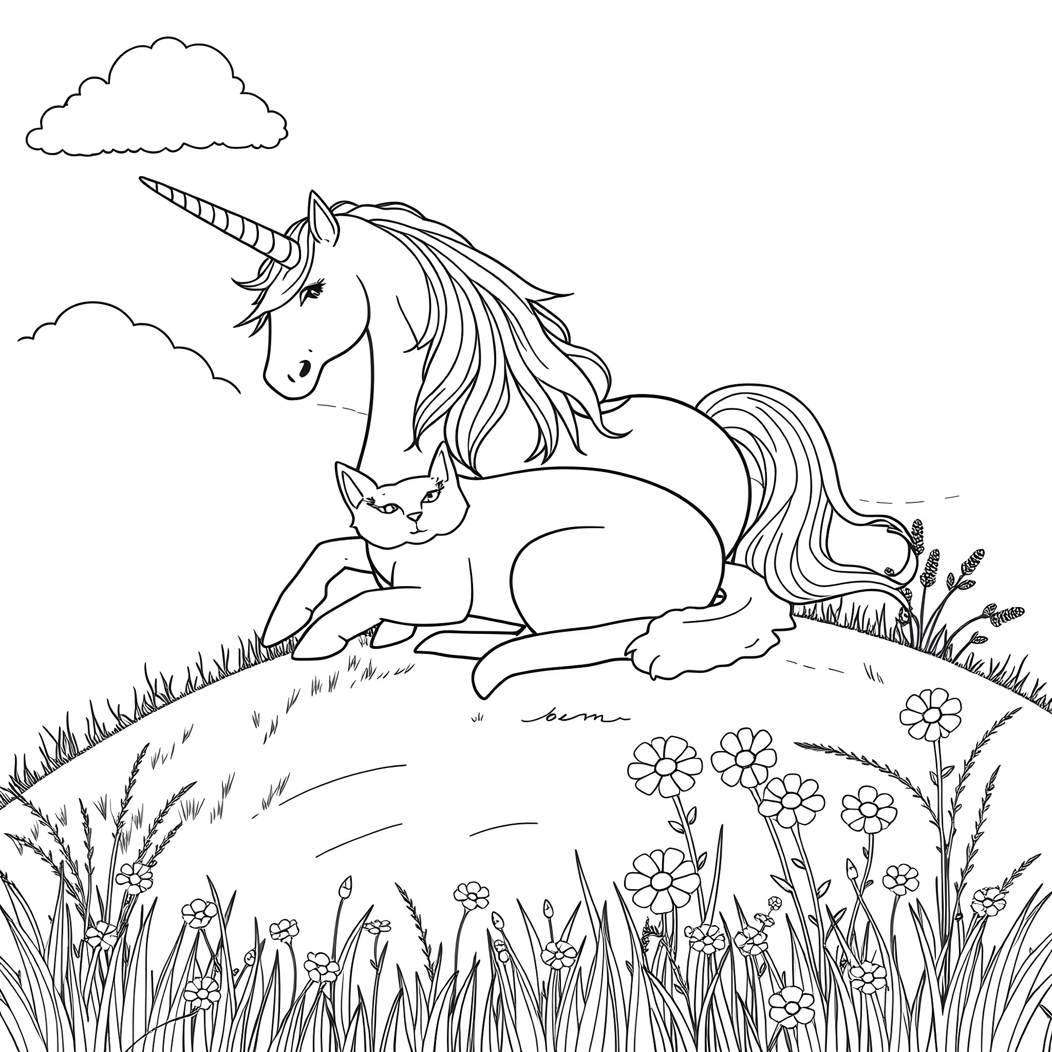 Cat and Unicorn in a Magical Meadow Coloring Page (free black-and-white line drawing printable PDF for all, from beginners to advanced learners, including children, teens, adults, and seniors)