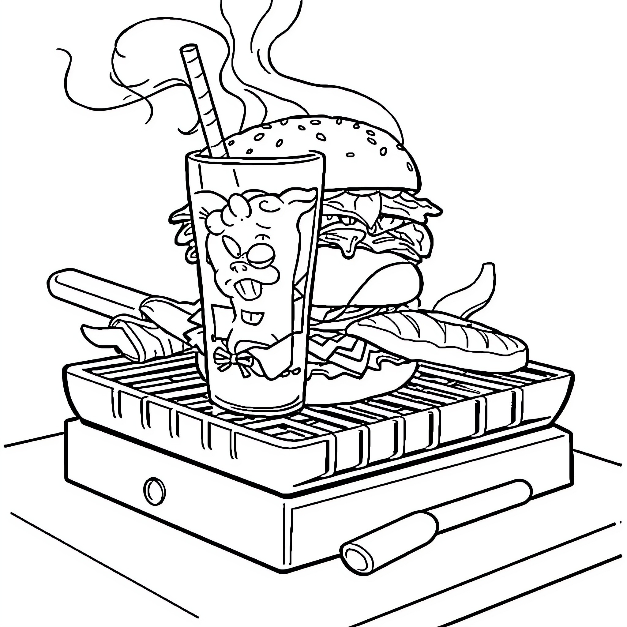 Hamburger with a tasty beverage on a barbecue grill Coloring Page (free black-and-white line drawing printable PDF for all, from beginners to advanced learners, including children, teens, adults, and seniors)