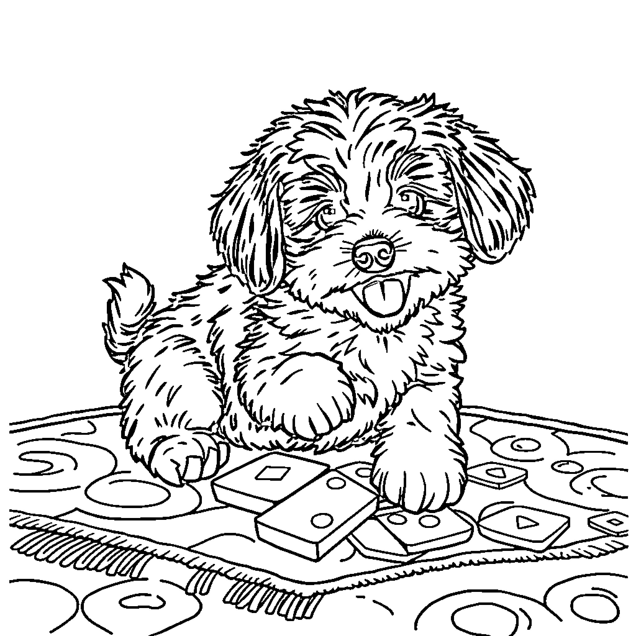Cavoodle playing with toys on patterned floor Coloring Page (free black-and-white line drawing printable PDF for all, from beginners to advanced learners, including children, teens, adults, and seniors)