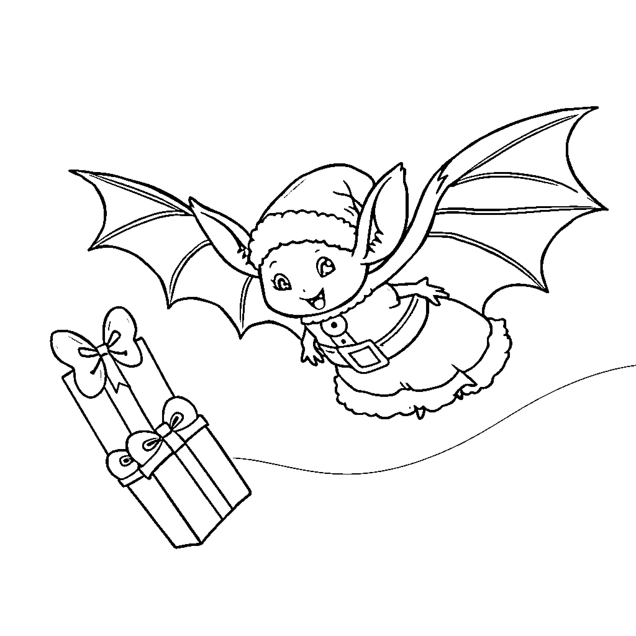 Bat carrying a gift and flying happily Coloring Page (free black-and-white line drawing printable PDF for all, from beginners to advanced learners, including children, teens, adults, and seniors)