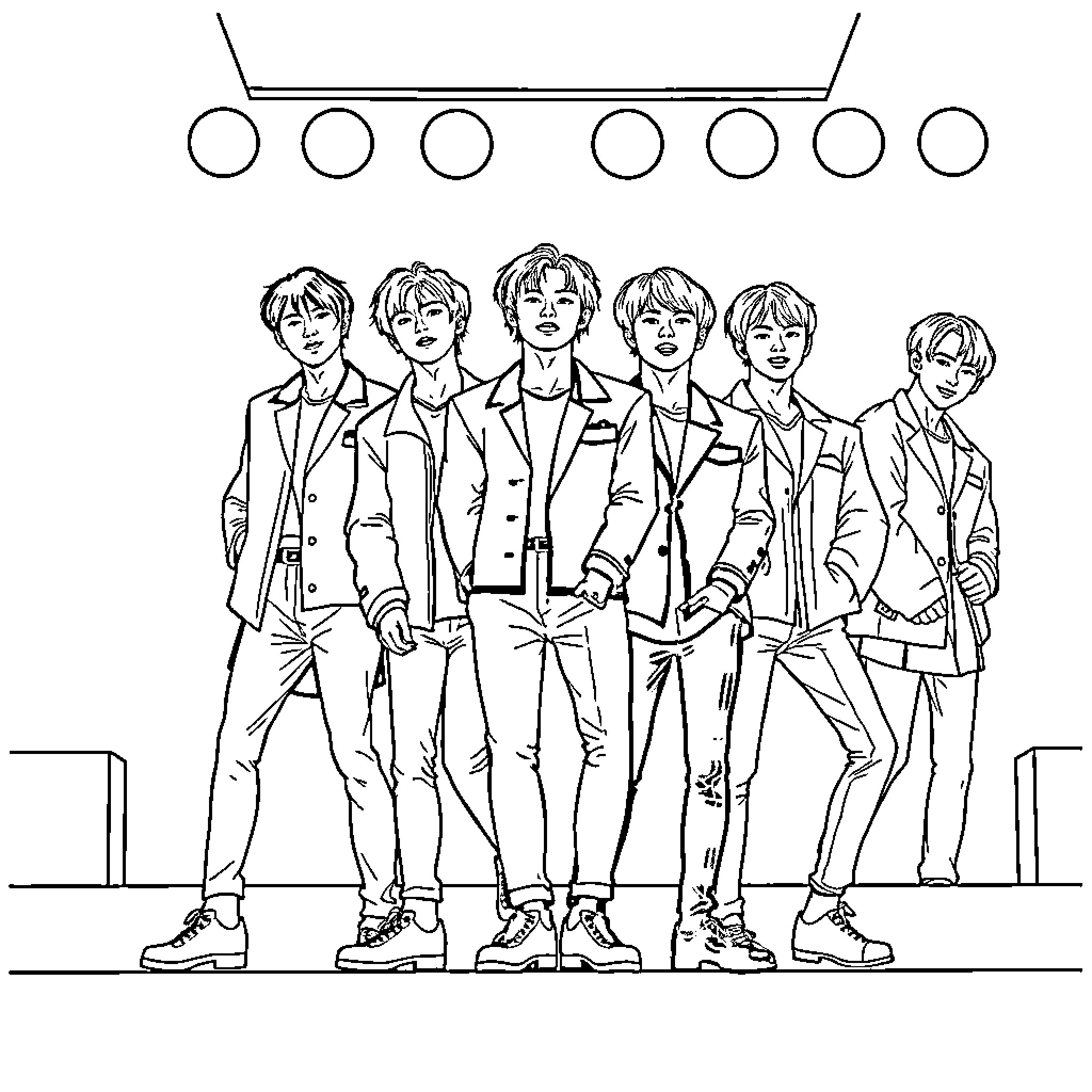 Bangtan Boys Posing Together Coloring Page (free black-and-white line drawing printable PDF for all, from beginners to advanced learners, including children, teens, adults, and seniors)