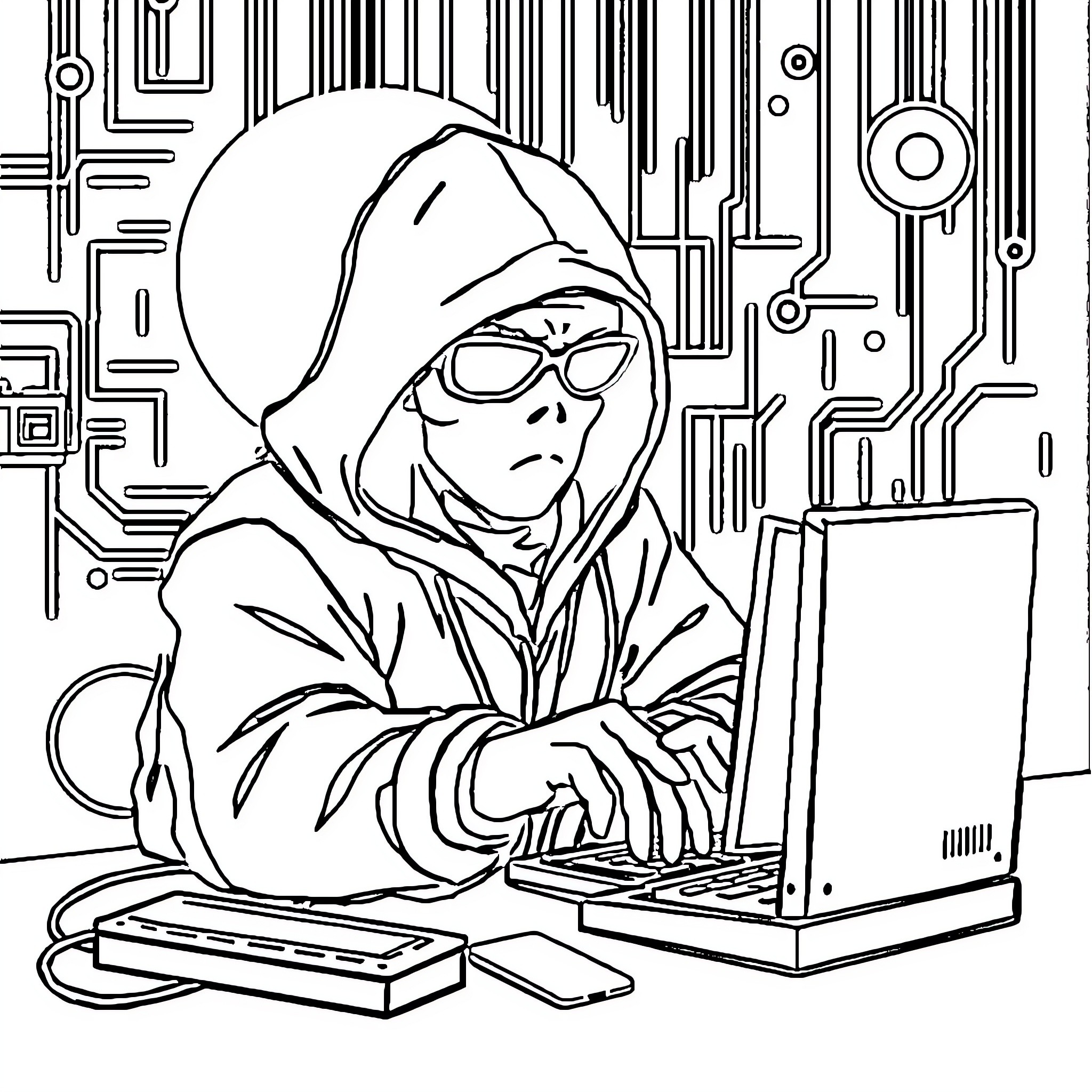 Hacker at work with laptop and digital background Coloring Page (free black-and-white line drawing printable PDF for all, from beginners to advanced learners, including children, teens, adults, and seniors)