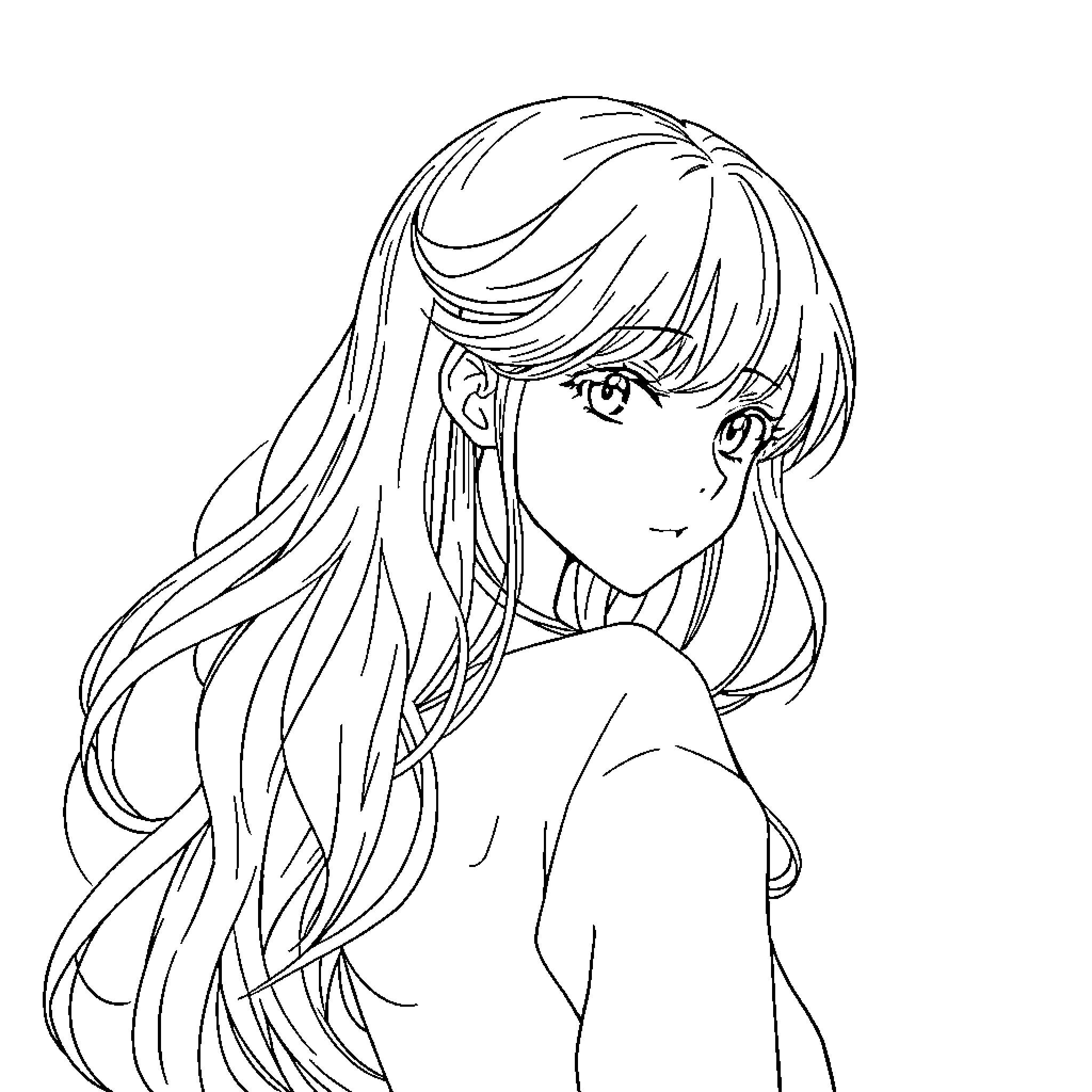 Anime Girl with Flowing Hair Coloring Page (free black-and-white line drawing printable PDF for all, from beginners to advanced learners, including children, teens, adults, and seniors)