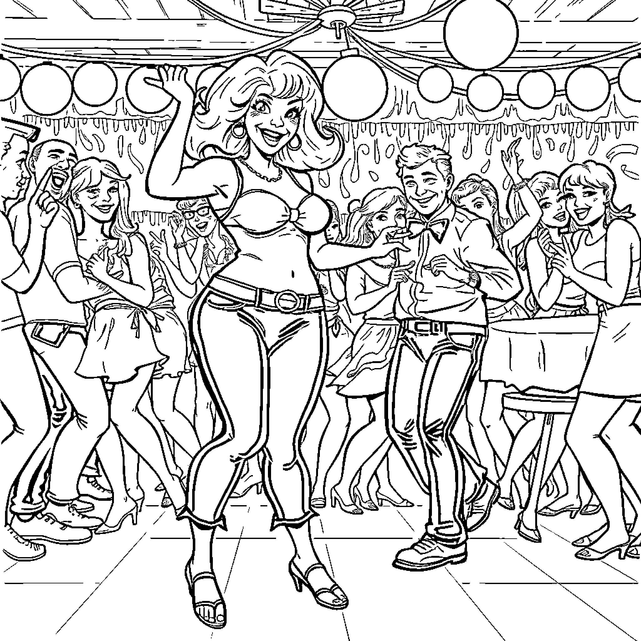 Judy Celebrates at the Party Coloring Page (free black-and-white line drawing printable PDF for all, from beginners to advanced learners, including children, teens, adults, and seniors)