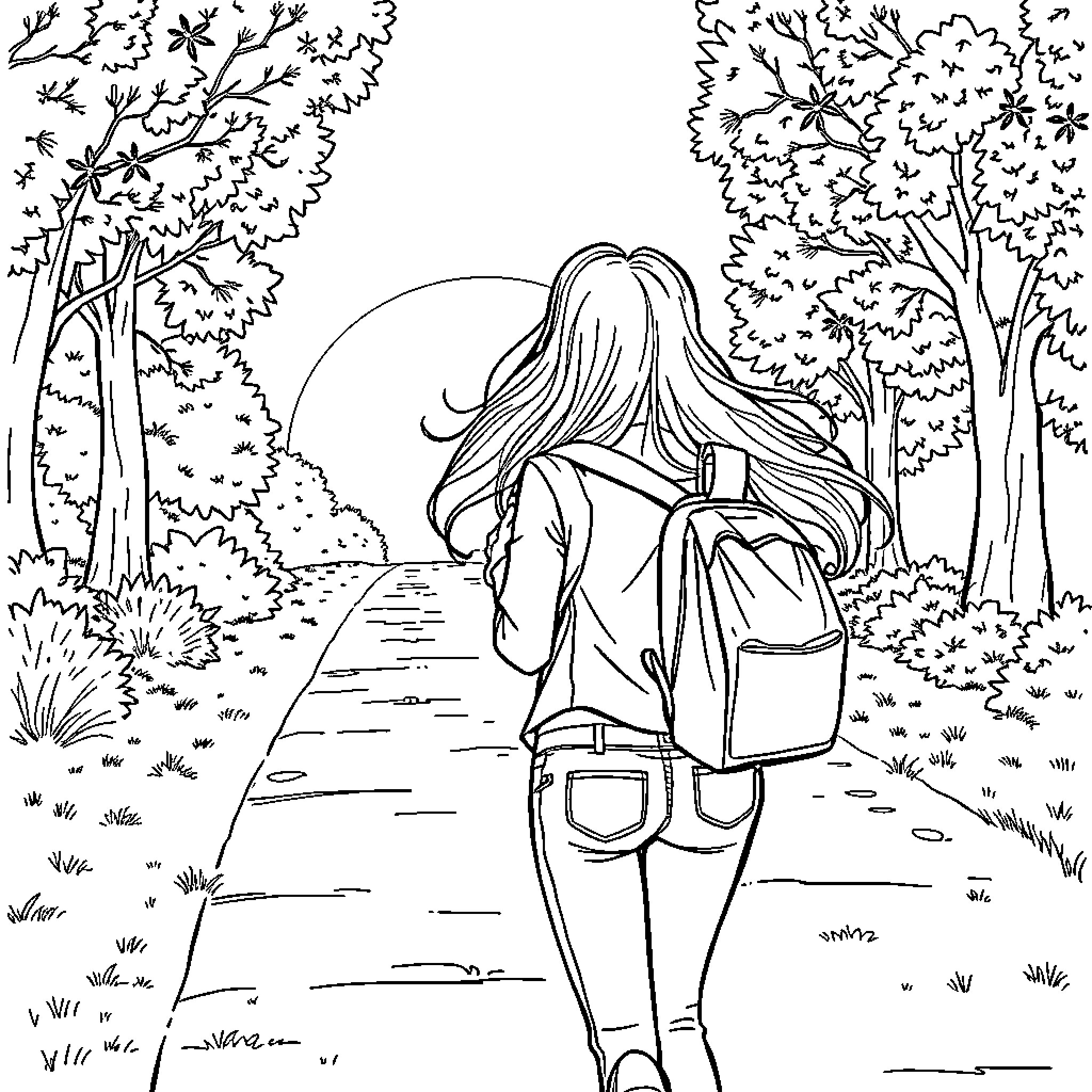 Wife taking a peaceful walk through the forest Coloring Page (free black-and-white line drawing printable PDF for all, from beginners to advanced learners, including children, teens, adults, and seniors)