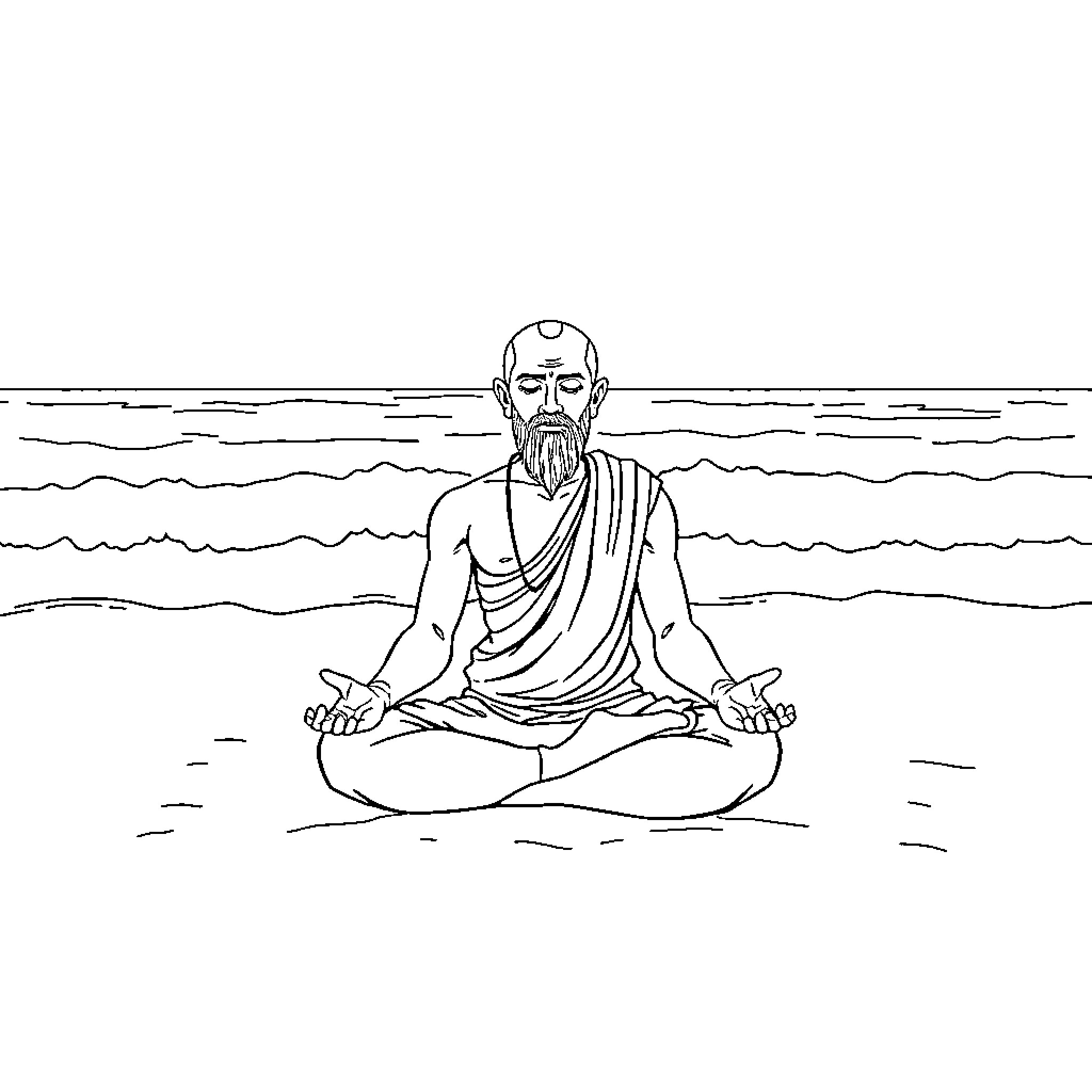 Dhalsim meditating peacefully by the ocean Coloring Page (free black-and-white line drawing printable PDF for all, from beginners to advanced learners, including children, teens, adults, and seniors)