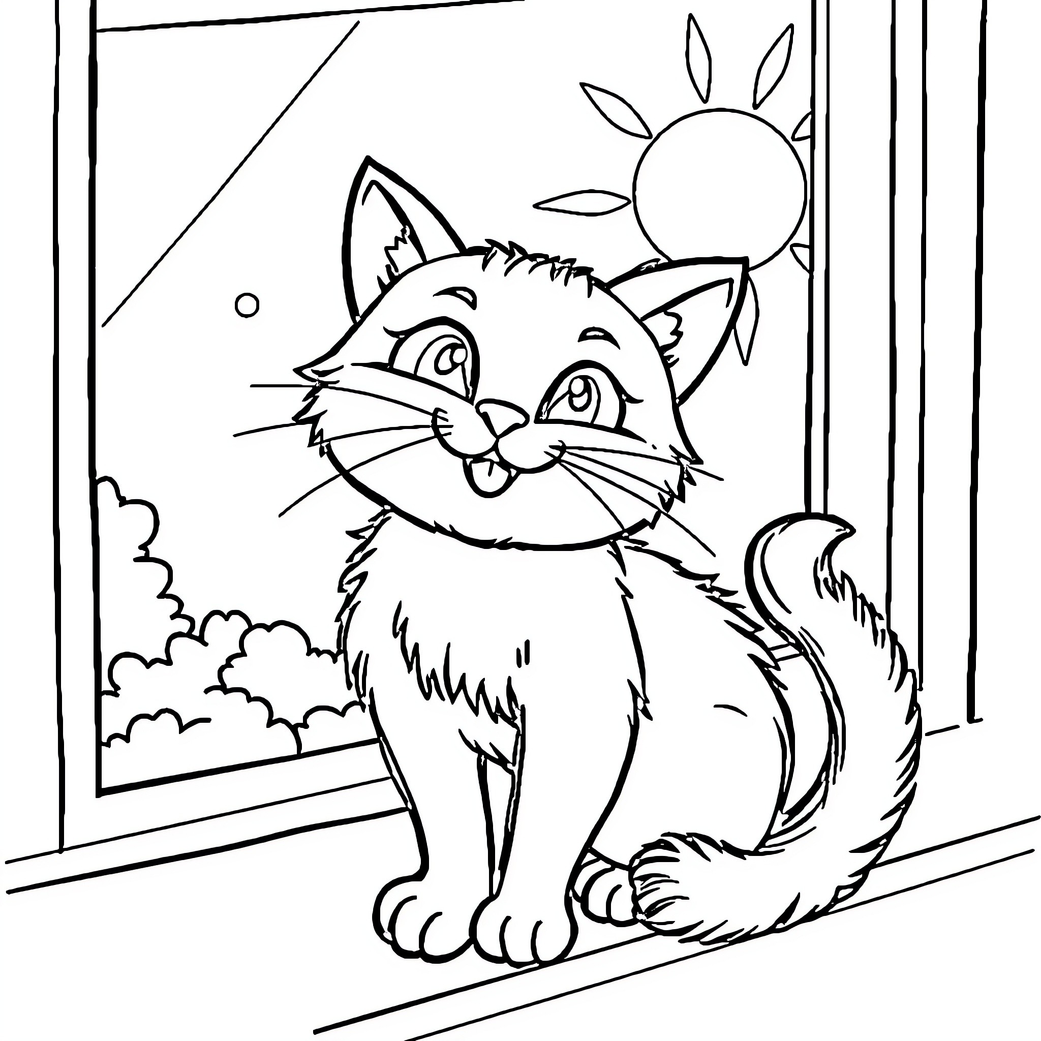 Cat gazing outside the window Coloring Page (free black-and-white line drawing printable PDF for all, from beginners to advanced learners, including children, teens, adults, and seniors)