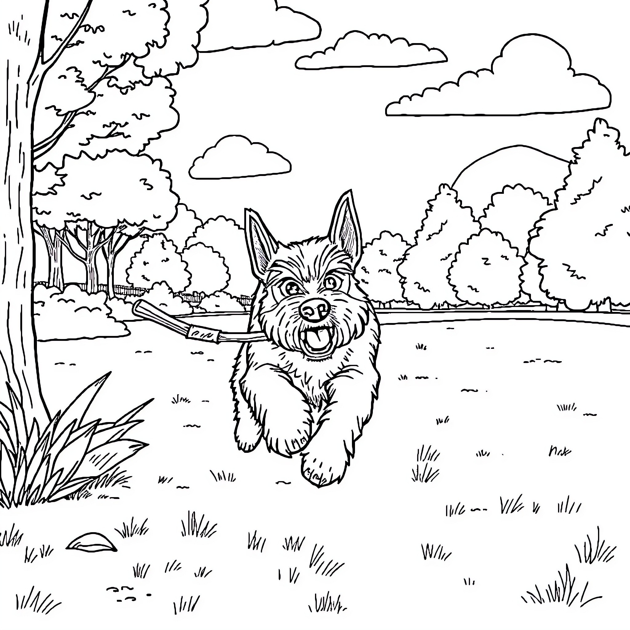 Schnauzer enjoying a scenic outdoor adventure Coloring Page (free black-and-white line drawing printable PDF for all, from beginners to advanced learners, including children, teens, adults, and seniors)