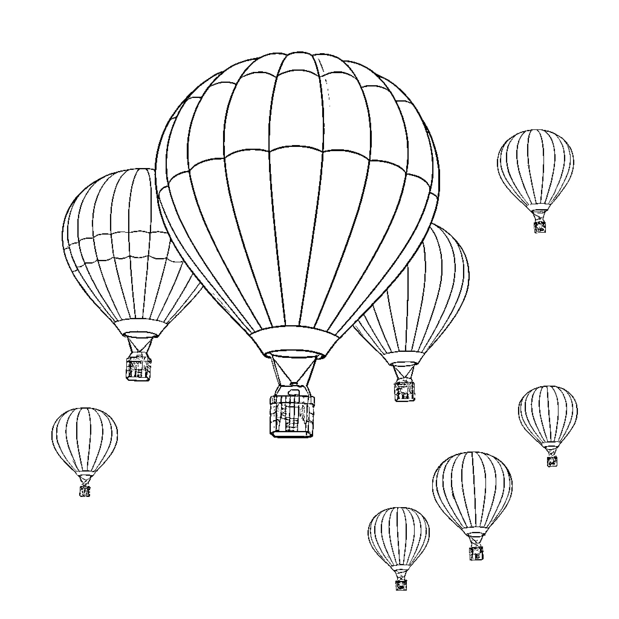 Hot Air Balloons Soaring Gracefully in the Sky Coloring Page (free black-and-white line drawing printable PDF for all, from beginners to advanced learners, including children, teens, adults, and seniors)
