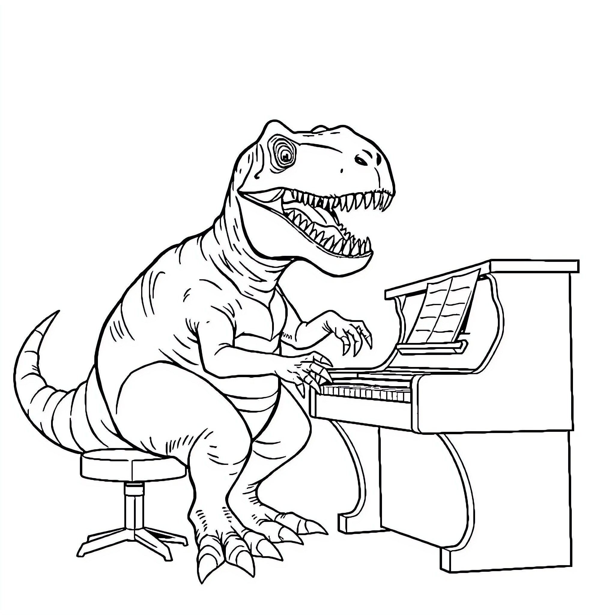 T-Rex Typing Furiously on Computer Coloring Page (free black-and-white line drawing printable PDF for all, from beginners to advanced learners, including children, teens, adults, and seniors)