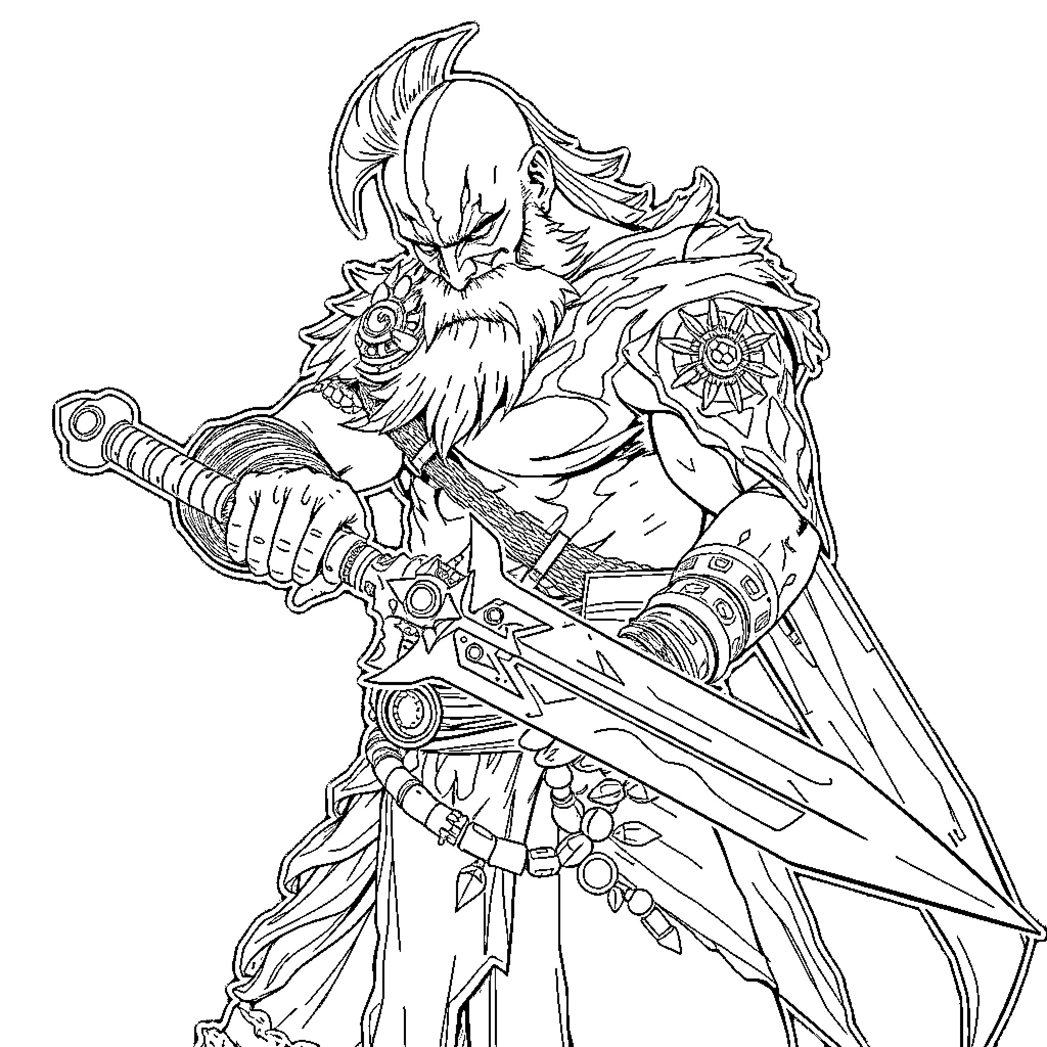 Kratos, the Fierce Warrior in Battle Pose Coloring Page (free black-and-white line drawing printable PDF for all, from beginners to advanced learners, including children, teens, adults, and seniors)