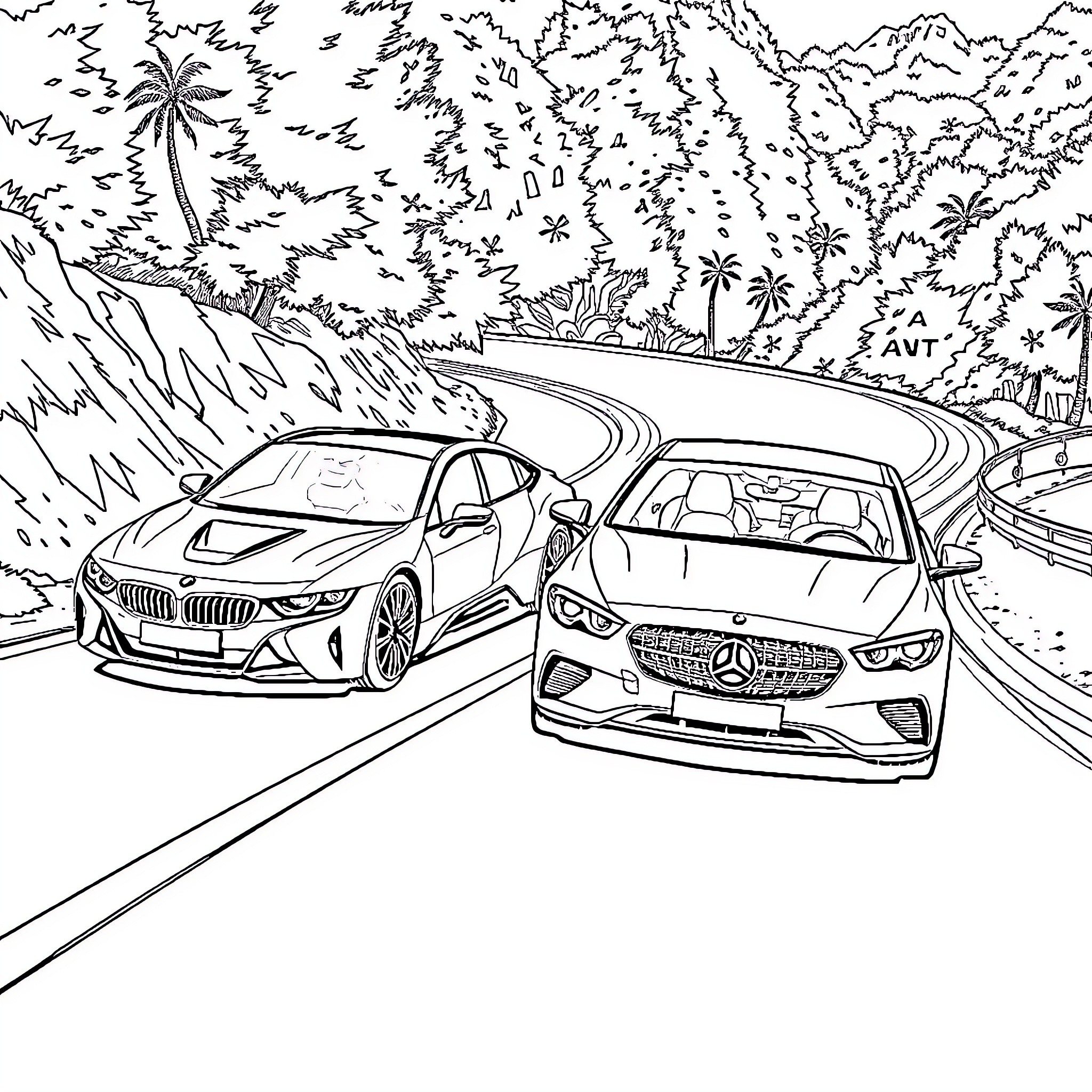 Car driving on coastal road through palm trees Coloring Page (free black-and-white line drawing printable PDF for all, from beginners to advanced learners, including children, teens, adults, and seniors)