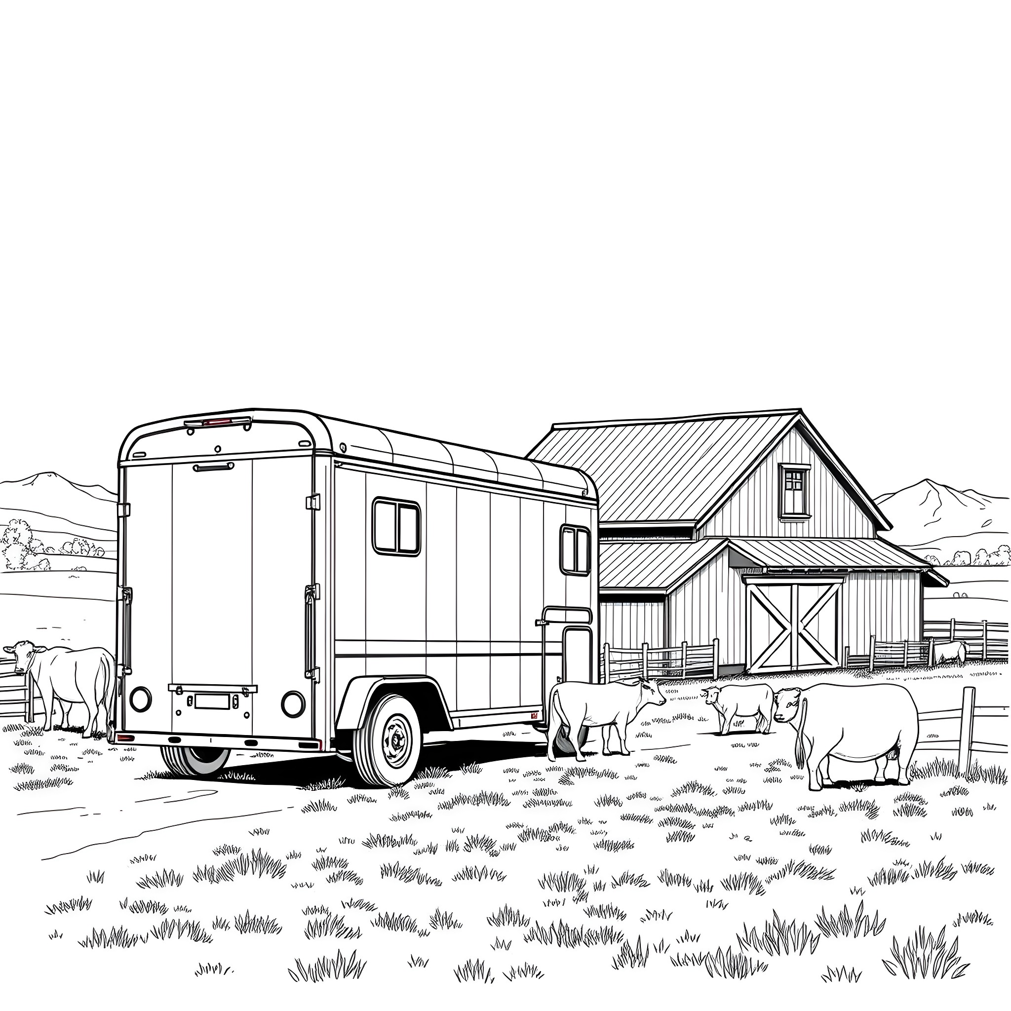 Livestock Trailer Transporting Animals on a Rural Farm Coloring Page (free black-and-white line drawing printable PDF for all, from beginners to advanced learners, including children, teens, adults, and seniors)