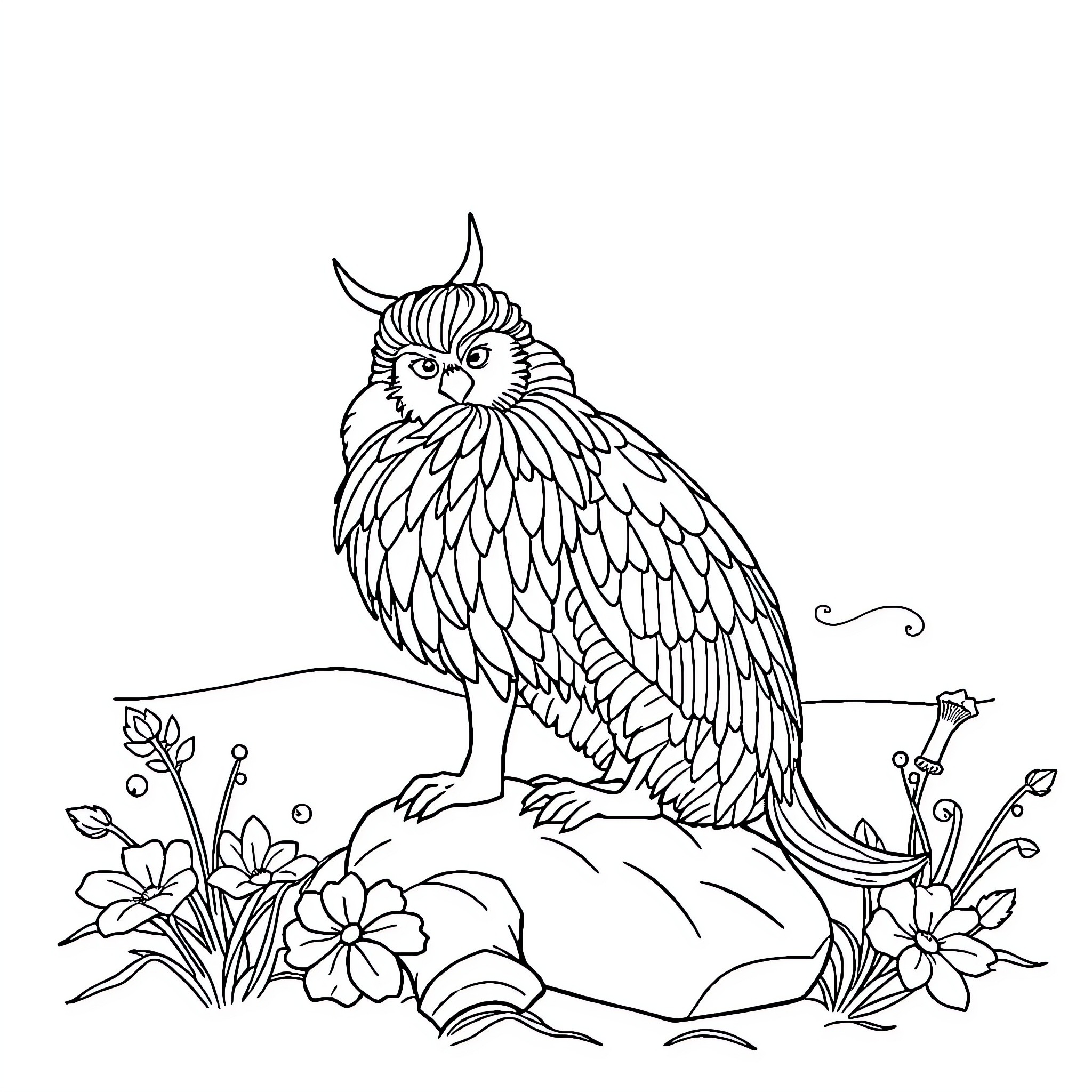 Cat-like creature amidst floral scene Coloring Page (free black-and-white line drawing printable PDF for all, from beginners to advanced learners, including children, teens, adults, and seniors)