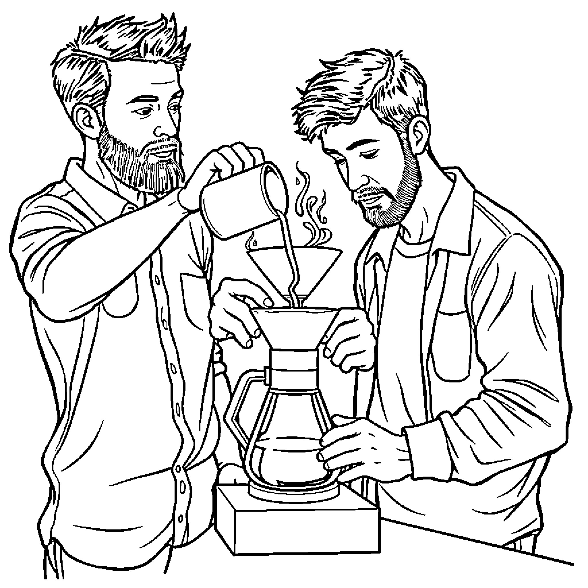 Guy baristas preparing coffee with enthusiasm Coloring Page (free black-and-white line drawing printable PDF for all, from beginners to advanced learners, including children, teens, adults, and seniors)