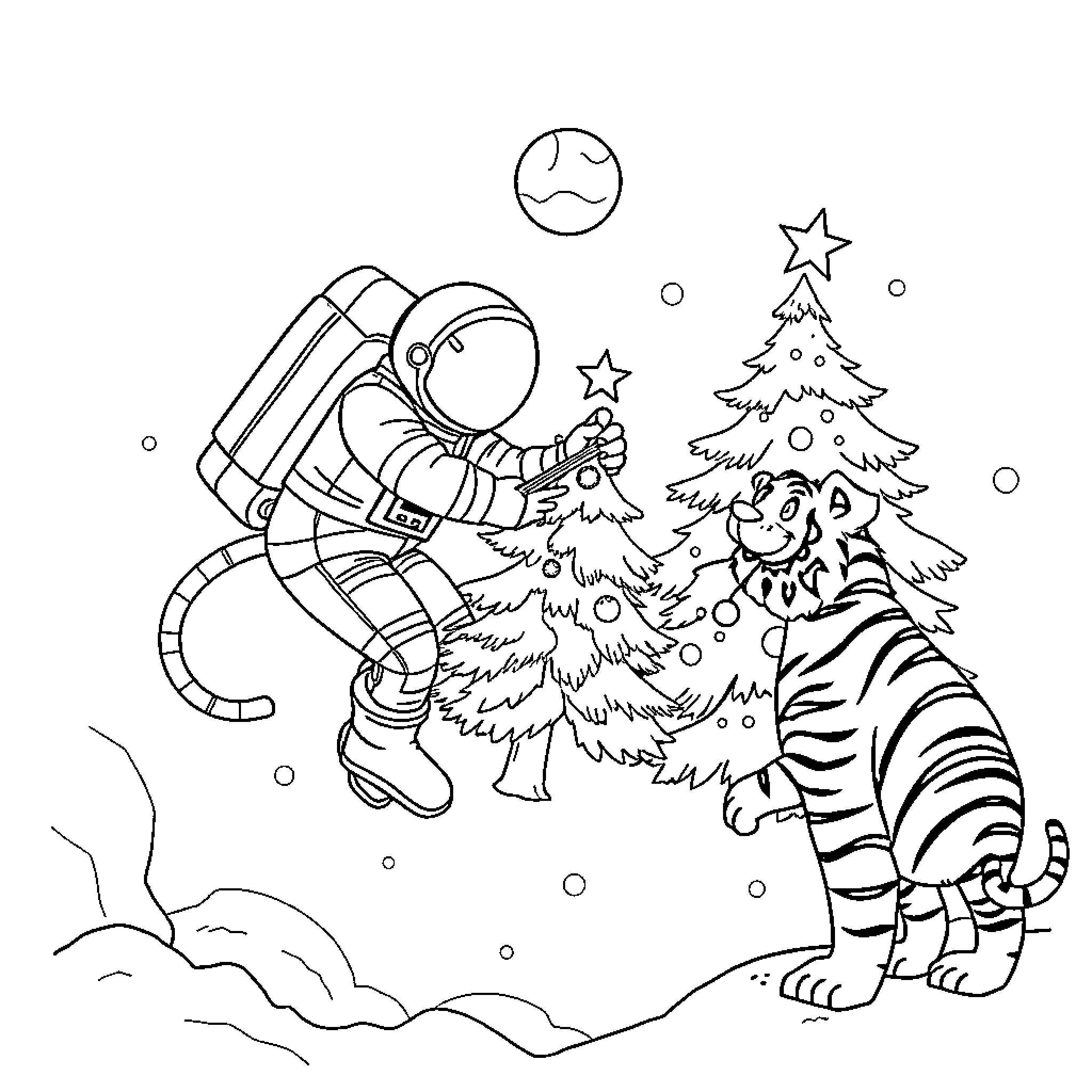 Astronaut decorating Christmas tree with a tiger Coloring Page (free black-and-white line drawing printable PDF for all, from beginners to advanced learners, including children, teens, adults, and seniors)