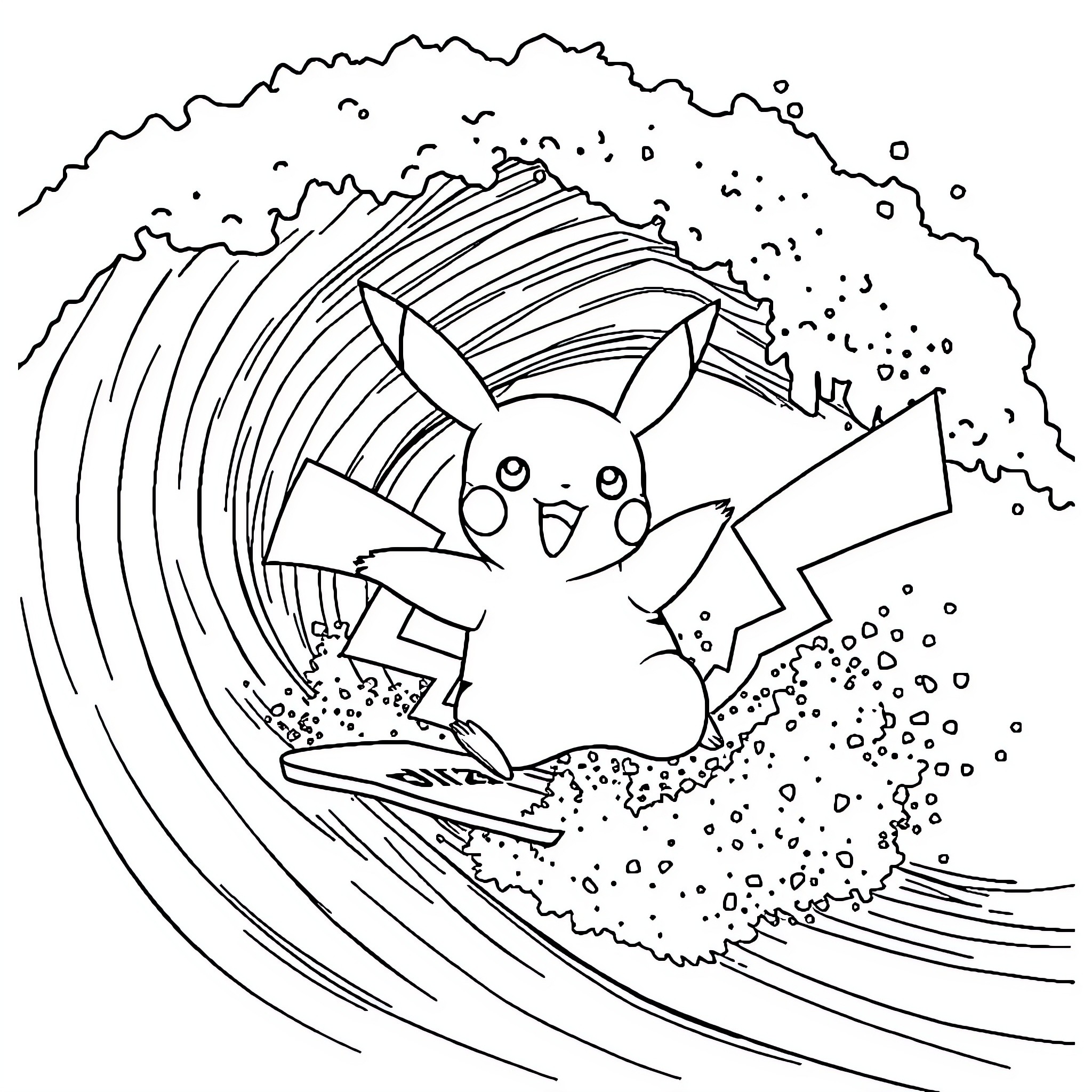 Pikachu surfing the waves with joy Coloring Page (free black-and-white line drawing printable PDF for all, from beginners to advanced learners, including children, teens, adults, and seniors)