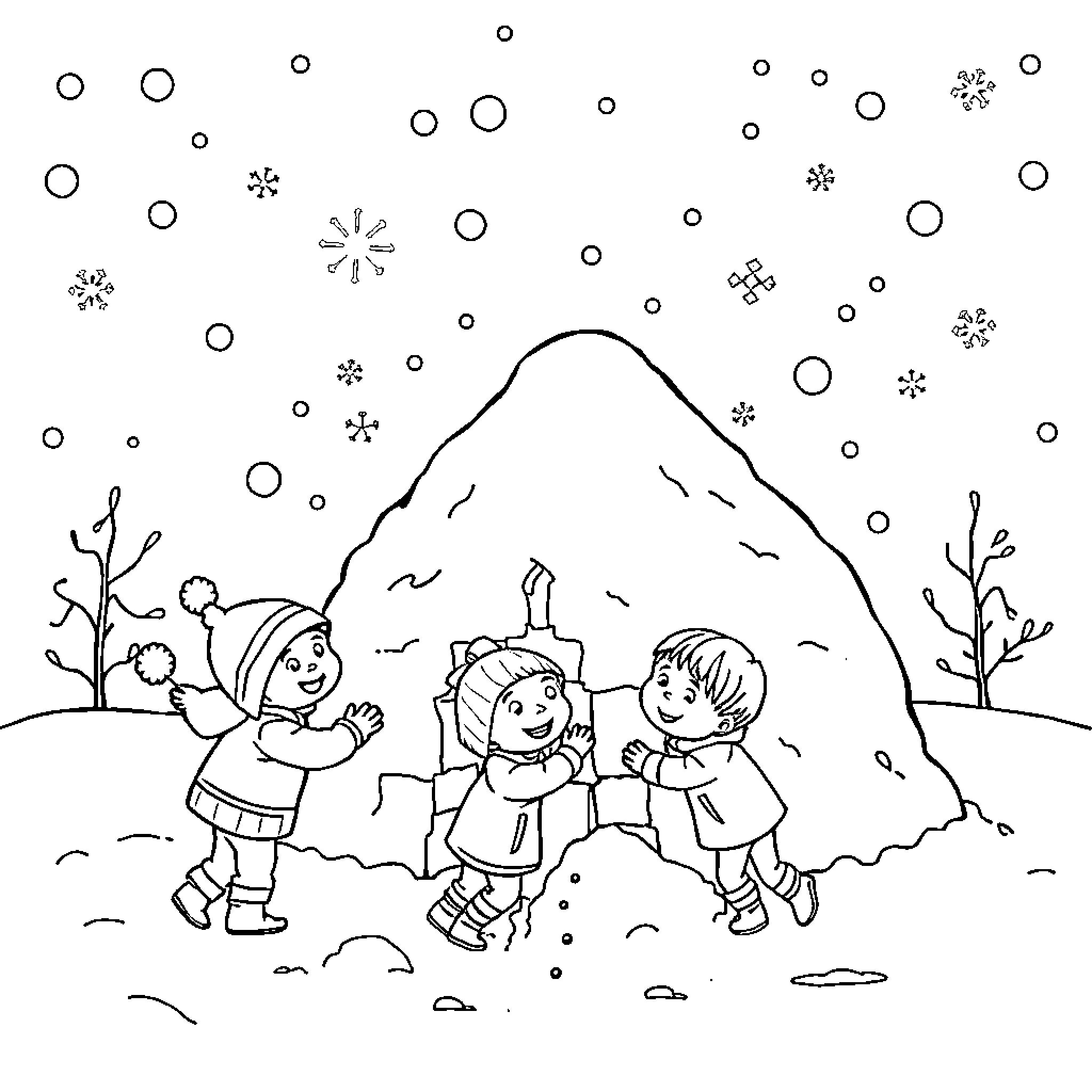 Children playing in the winter wonderland Coloring Page (free black-and-white line drawing printable PDF for all, from beginners to advanced learners, including children, teens, adults, and seniors)