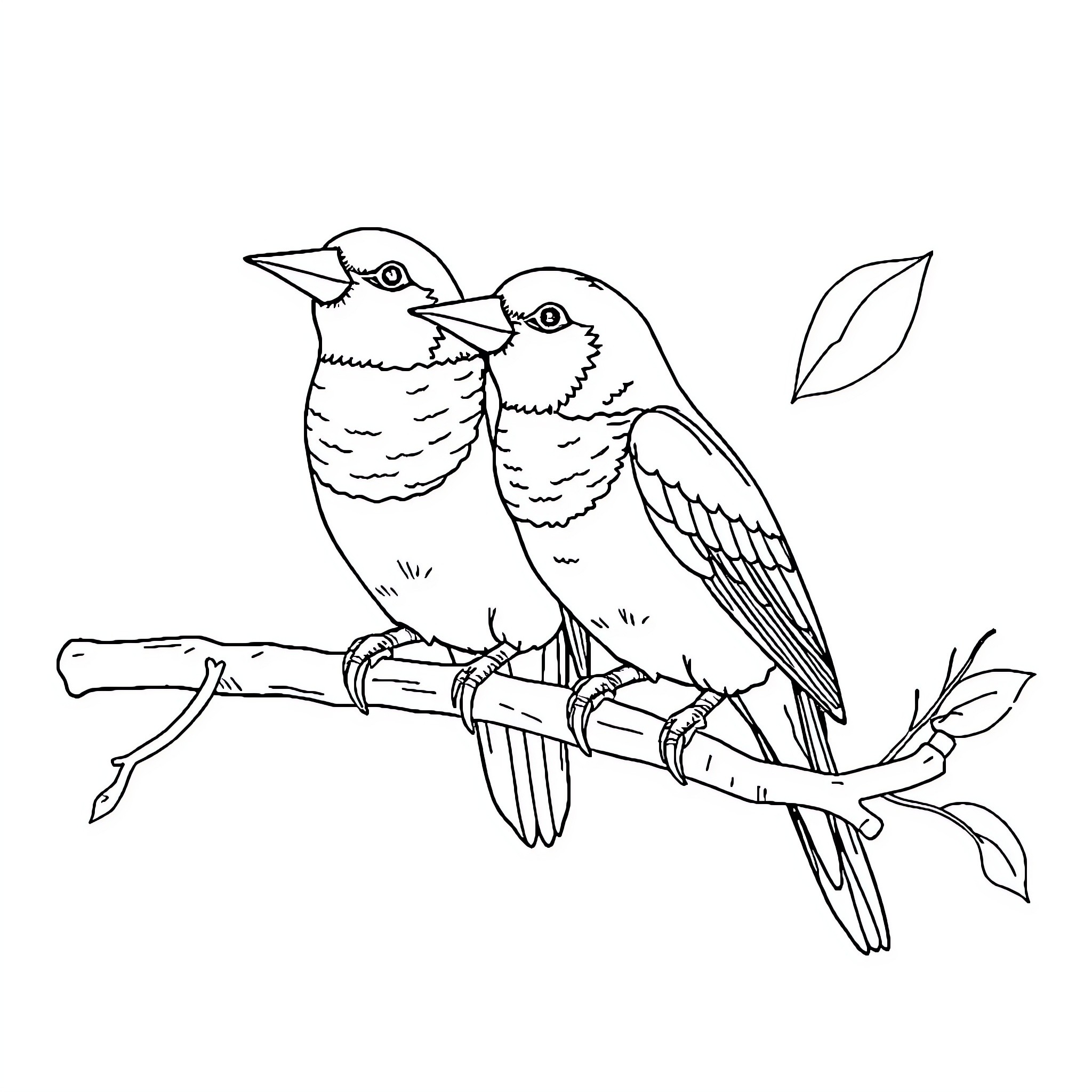 Bird duo perched on tree branch Coloring Page (free black-and-white line drawing printable PDF for all, from beginners to advanced learners, including children, teens, adults, and seniors)