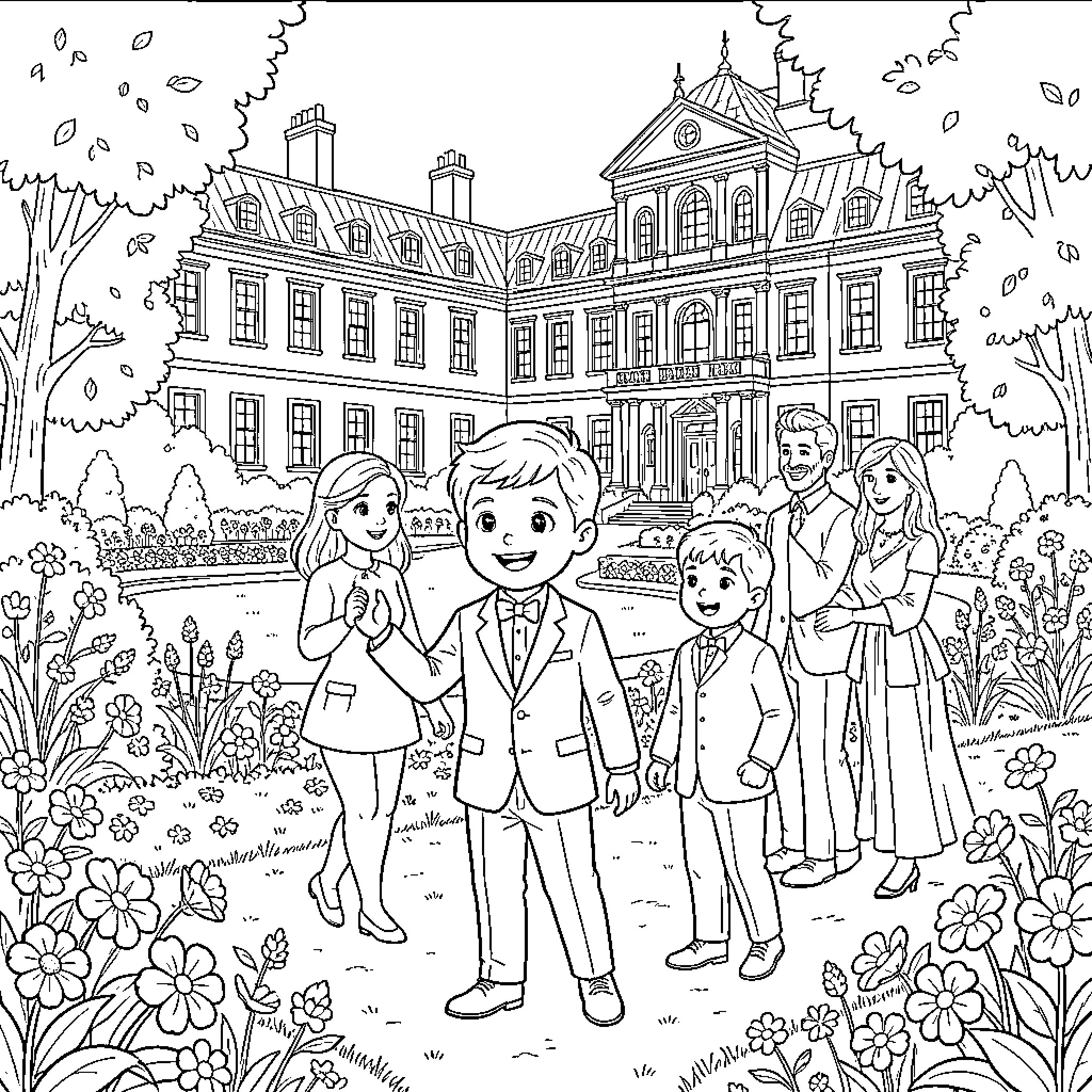 Prince George and his family standing in front of a palace Coloring Page (free black-and-white line drawing printable PDF for all, from beginners to advanced learners, including children, teens, adults, and seniors)