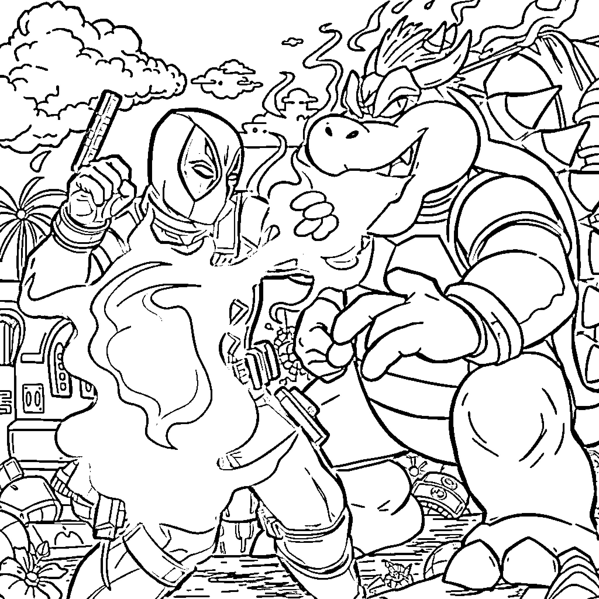 Deadpool's Chaotic Adventure with Fiery Beasts Coloring Page (free black-and-white line drawing printable PDF for all, from beginners to advanced learners, including children, teens, adults, and seniors)